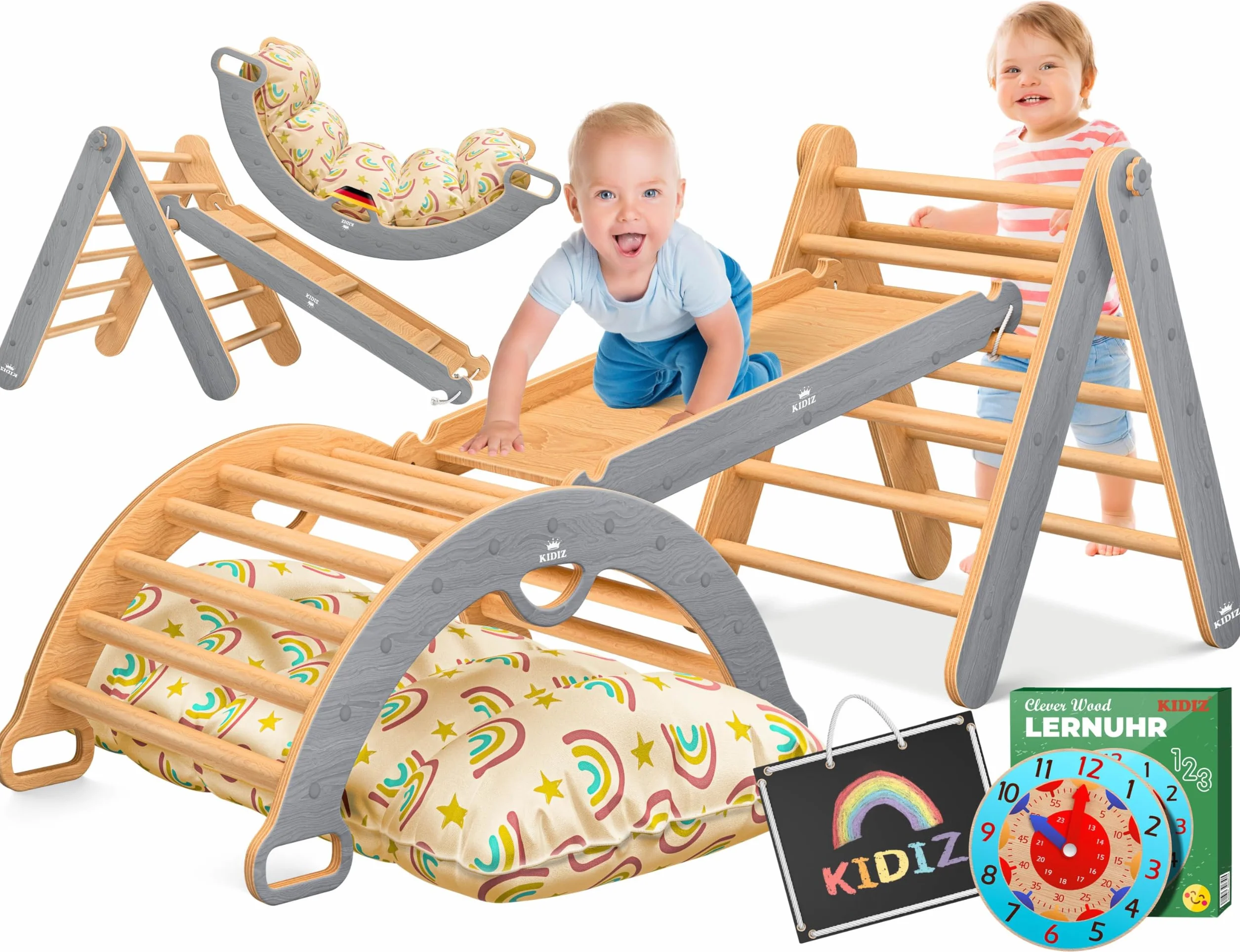 Kidiz Ensemble de jeu Montessori 7en1 avec structure d'escalade, toboggan, triangle d'escalade en bois | Aire de jeux intérieure