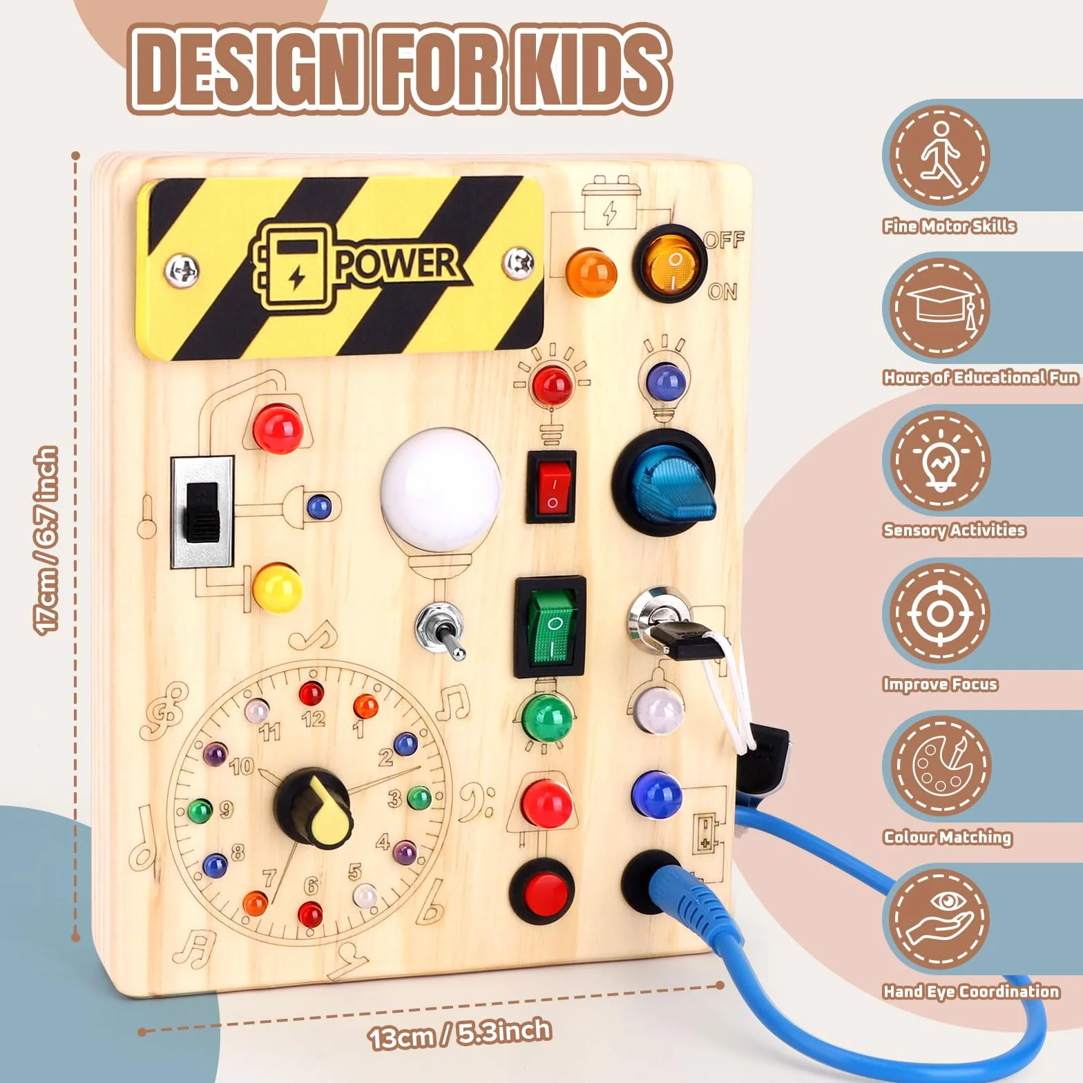 Tableau d'activité Montessori en bois avec 10 interrupteurs et 23 voyants LED Jouet sensoriel éducatif pour tout-petits 1 an Cadeau garçon
