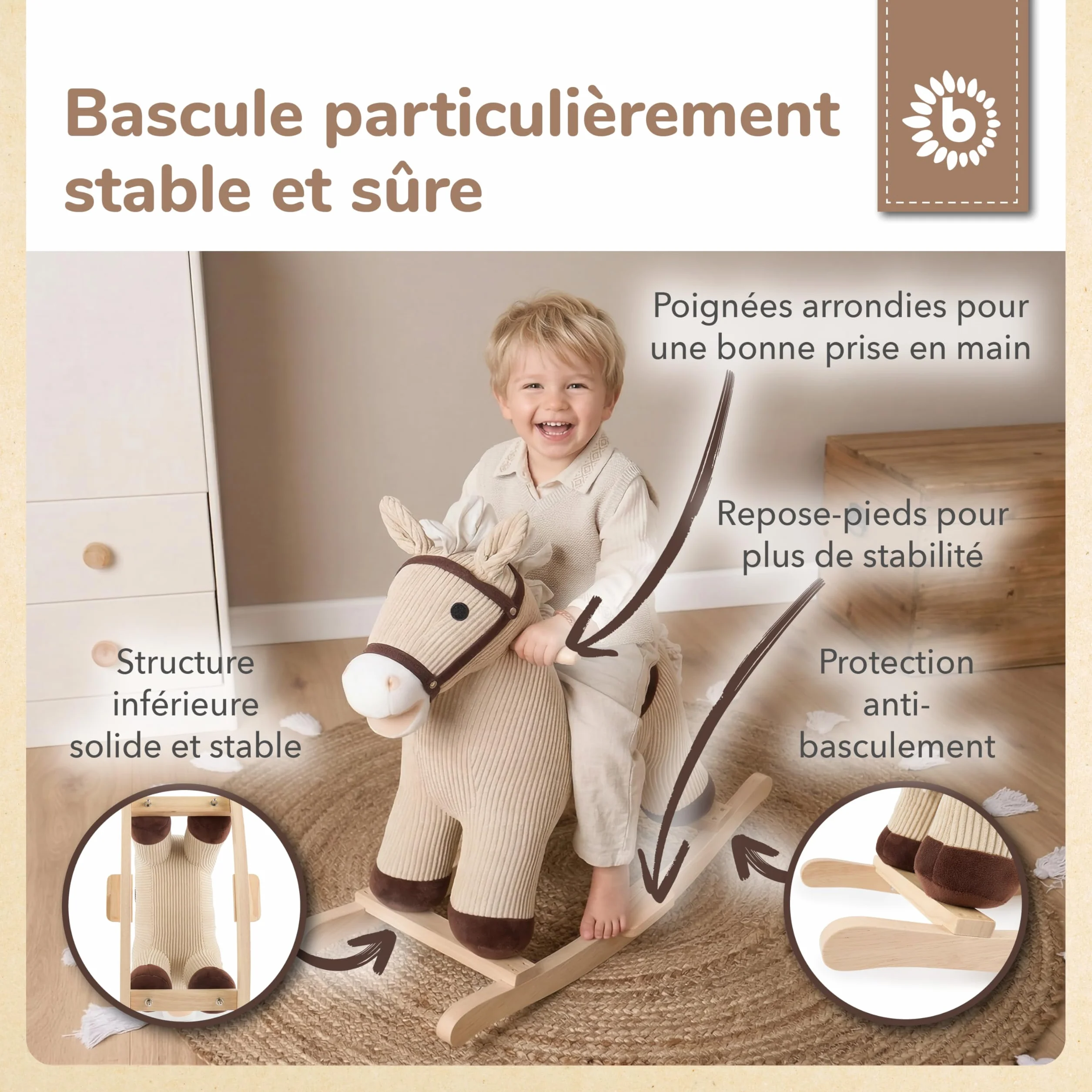 Bieco Cheval à bascule en peluche Lucky 68 cm | Jouet à bascule en bois pour enfant à partir de 1 an