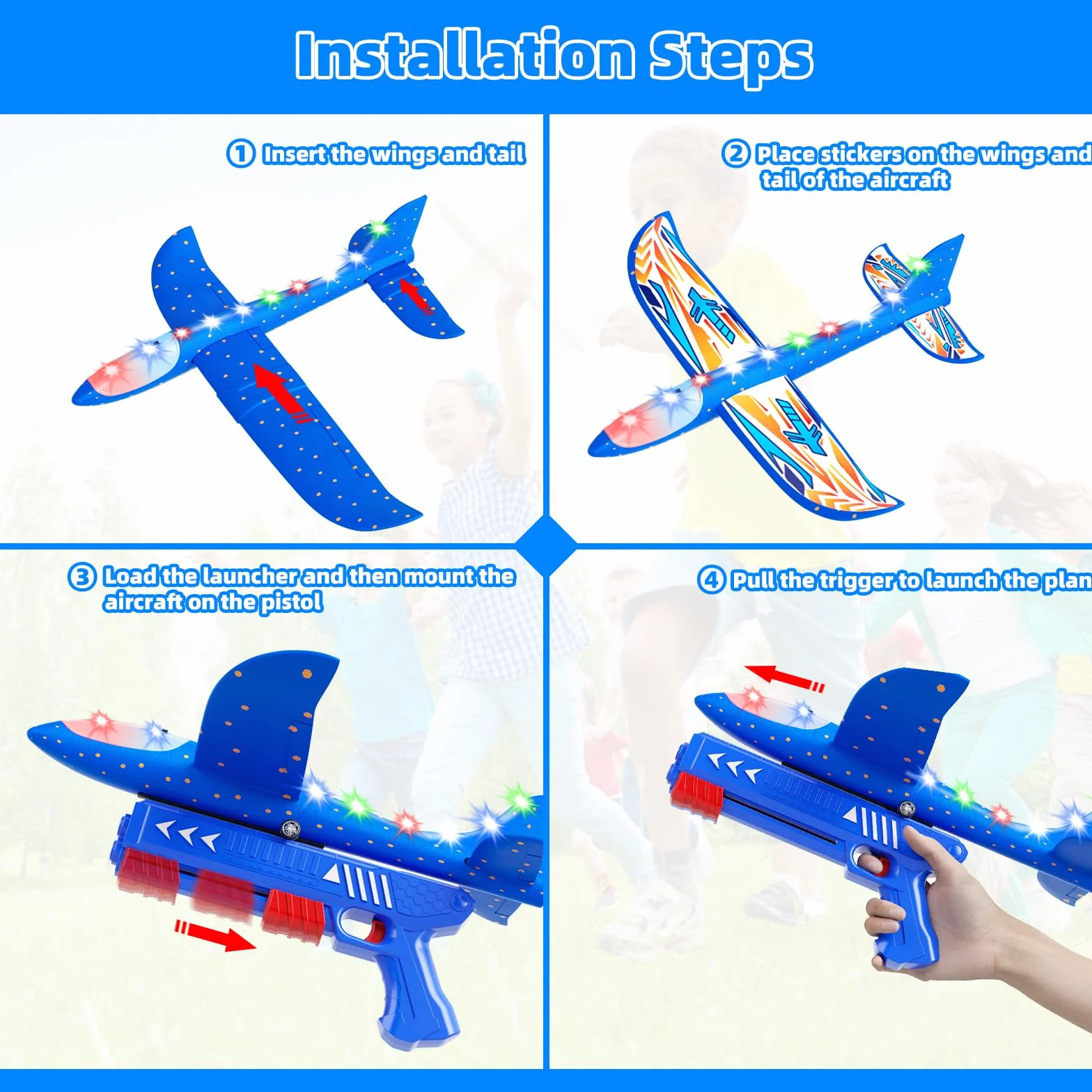 Doloowee 3 Avions Planeurs en Mousse, 2 Modes de vol, Jouets Volants d'extérieur avec Pistolet catapulte, Cadeaux pour Enfants 4-12 Ans