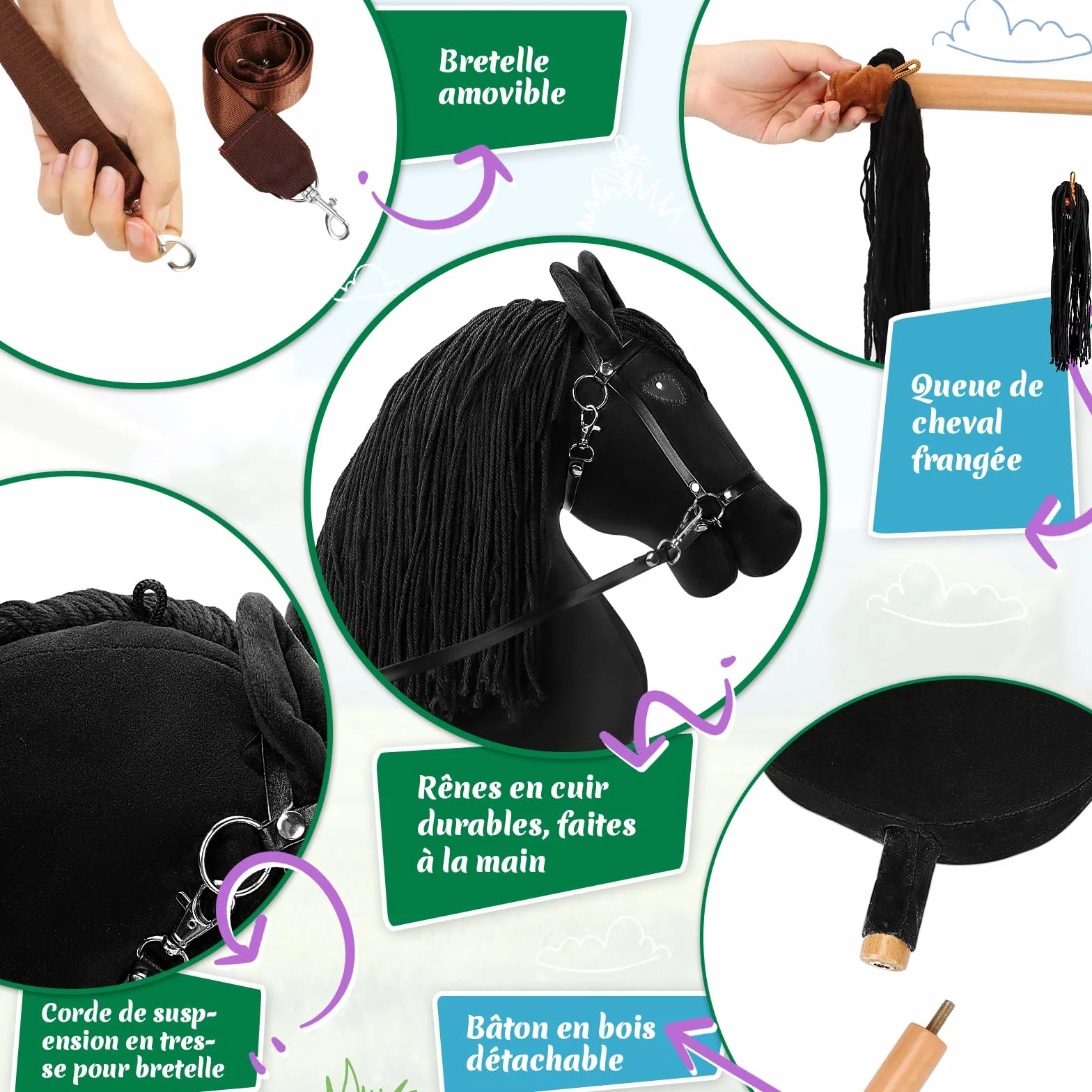 Charmofun Cheval Bâton Enfant, Hobby Horse Tête A3 avec Licol Peluche, Jouet Cheval Fille Garçon Marron