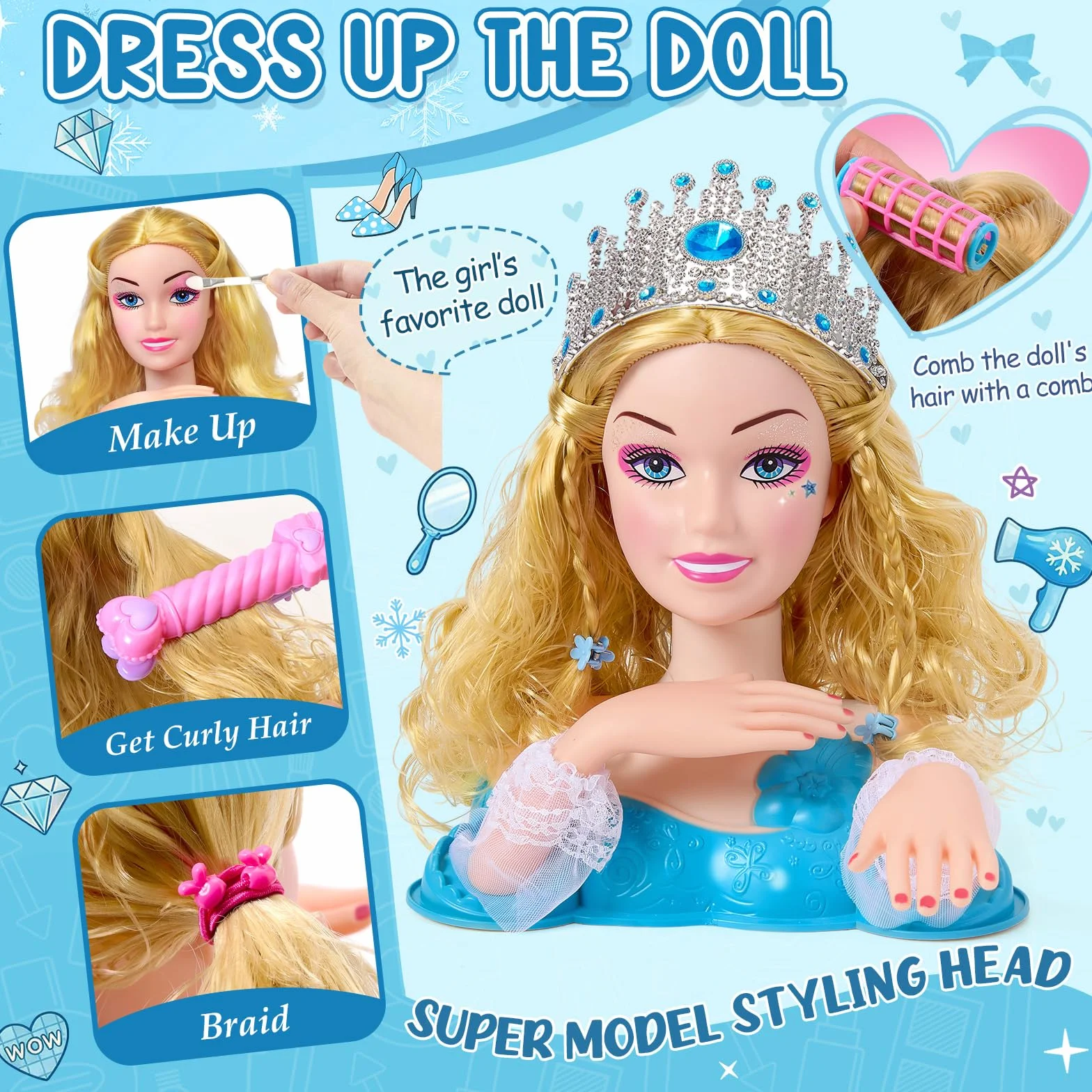 Vamei Tête à Coiffer Enfant 3-8 Ans avec Sèche-Cheveux & Maquillage, 20+ Accessoires Coiffure, Jouet Fille Salon de Beauté