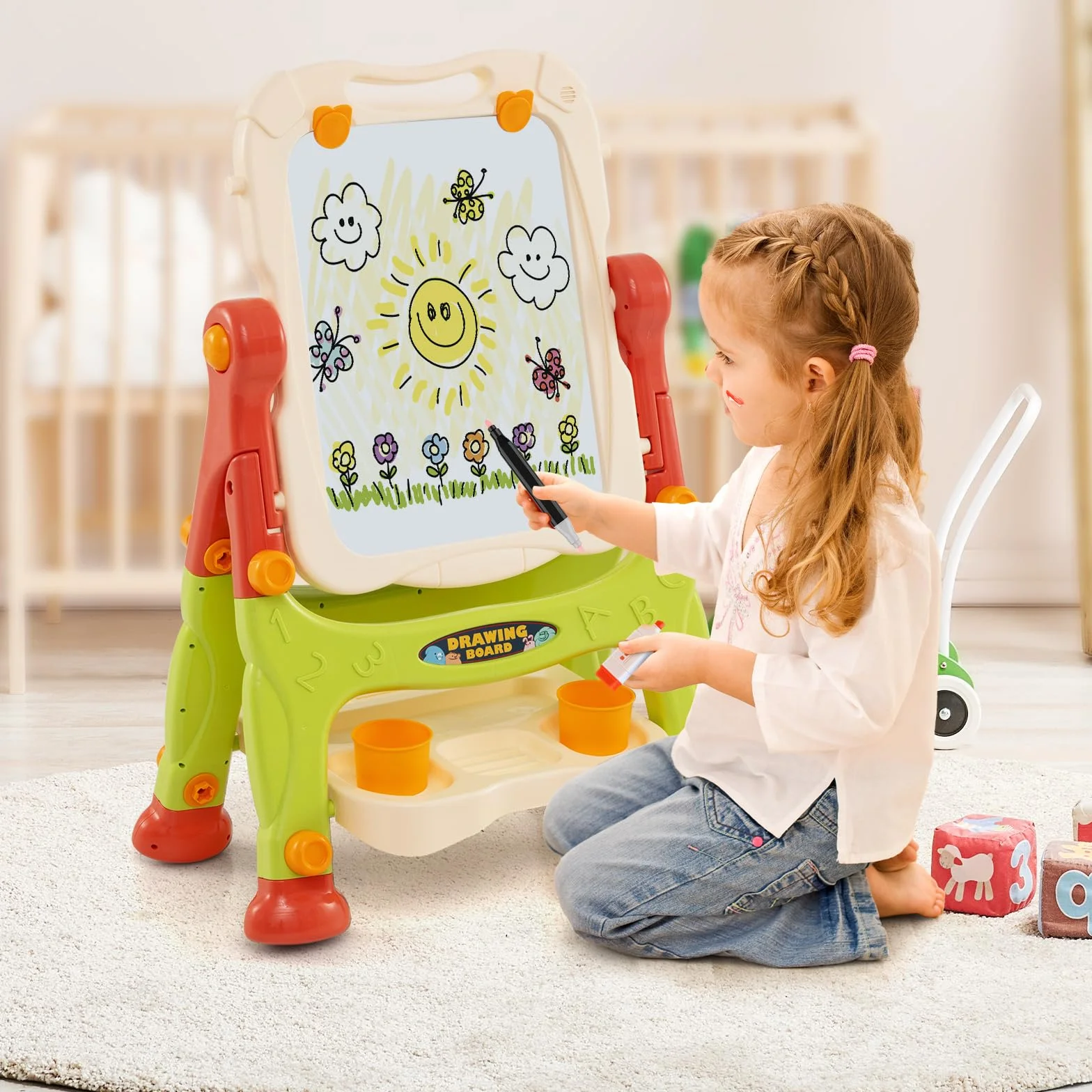 COSTWAY Tableau Enfant Double Face Chevalet avec Hauteur Réglable, Plateau Rangement 2 Pots, Pivotant 360° 3 Ans+ Orange