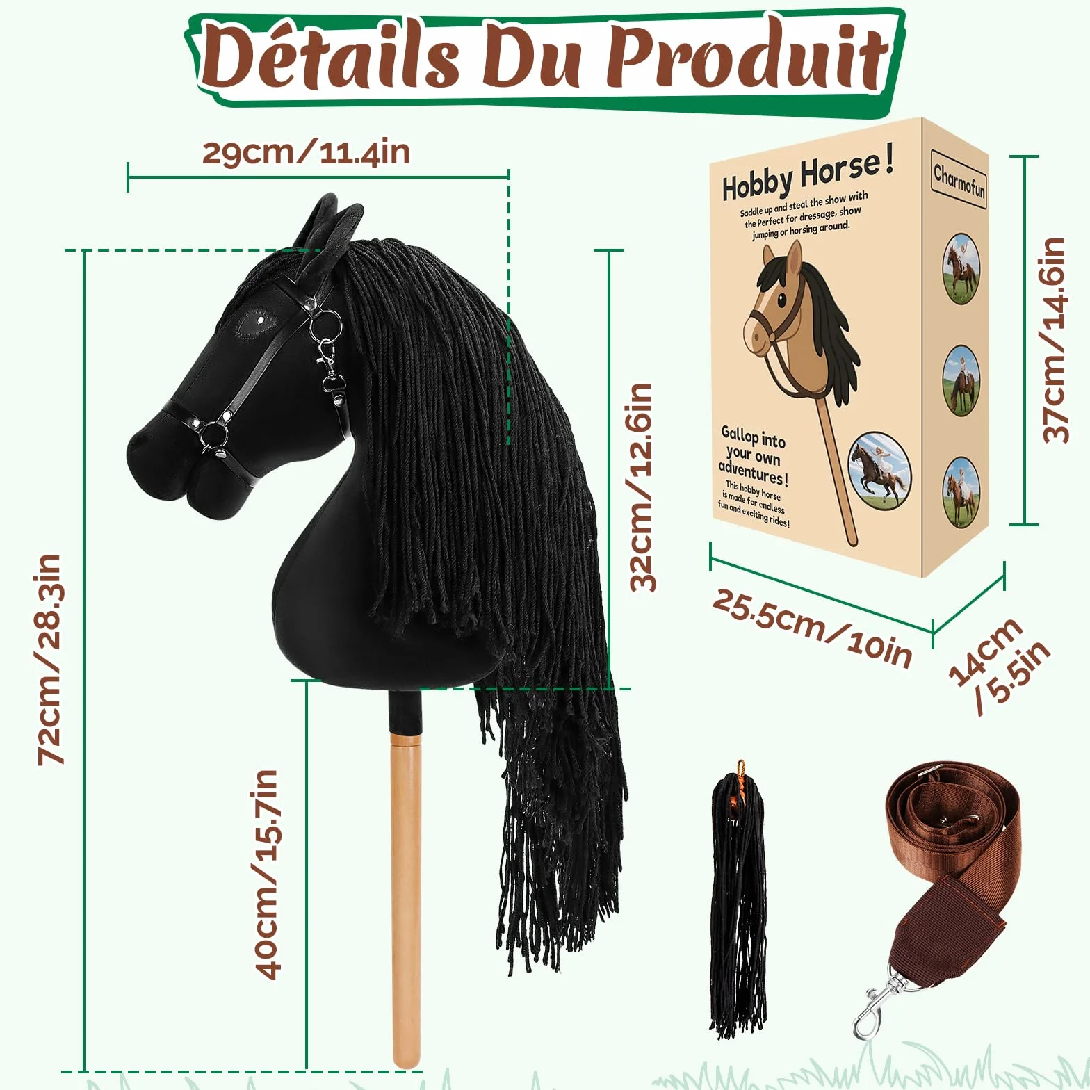 Charmofun Cheval Bâton Enfant, Hobby Horse Tête A3 avec Licol Peluche, Jouet Cheval Fille Garçon Marron