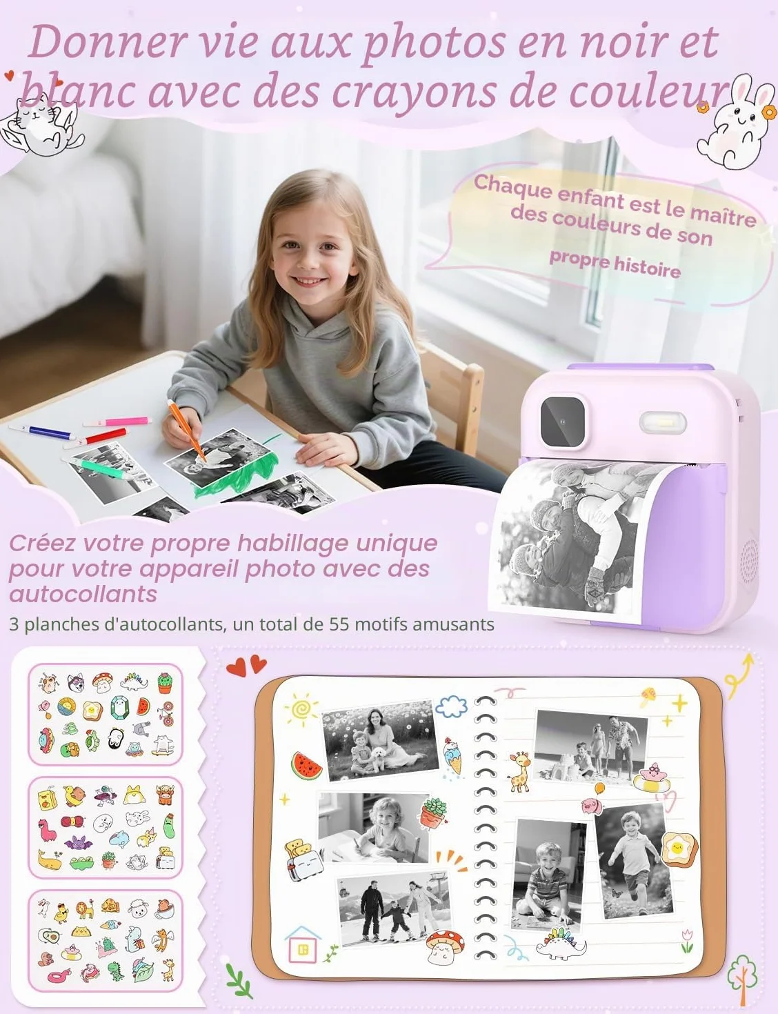 YOHOOLYO Appareil Photo Instantané Enfant 2,4" 1080P Vidéo Selfie avec Carte 32 Go et Papier d'impression Violet