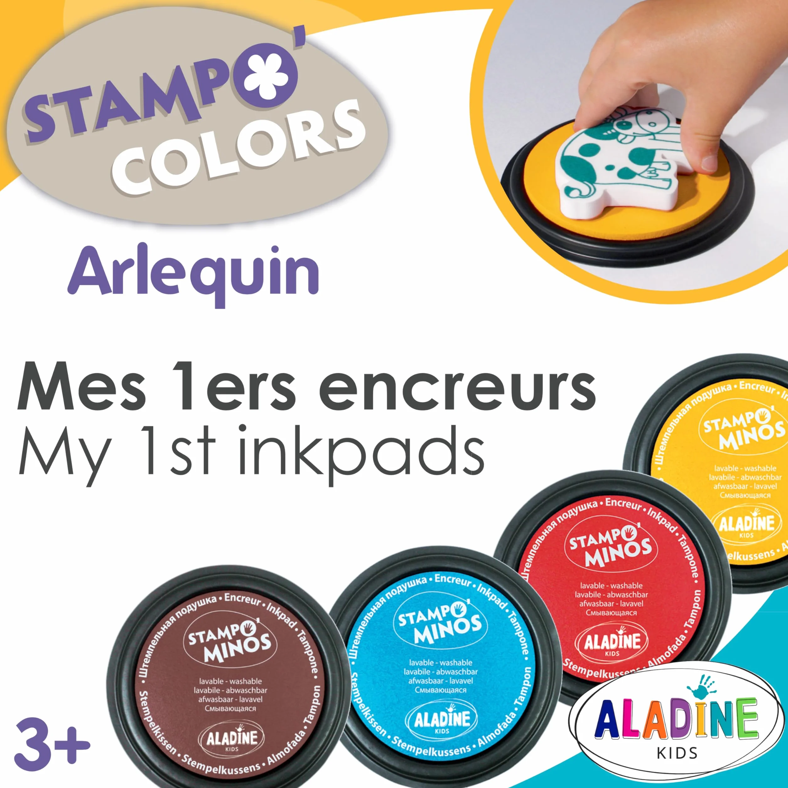 Aladine Stampo Colors Arlequin Encreurs Taille XL Encre Lavable Boîte de 4 Grand Format pour Enfants Dès 3 ans
