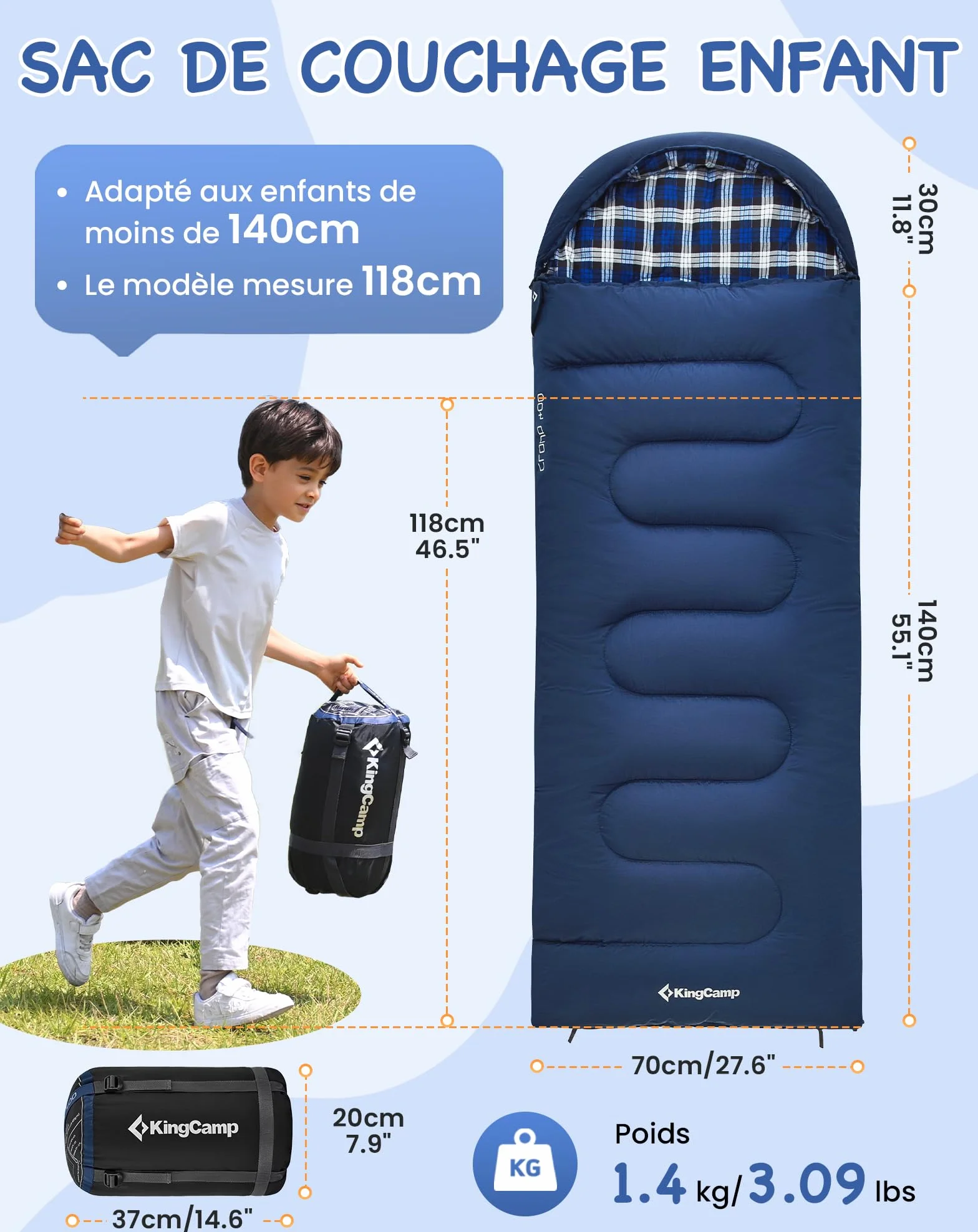 Kingcamp Sac de Couchage Enfant Flanelle Coton 170x70cm 7°C à -13°C 3-4 Saisons