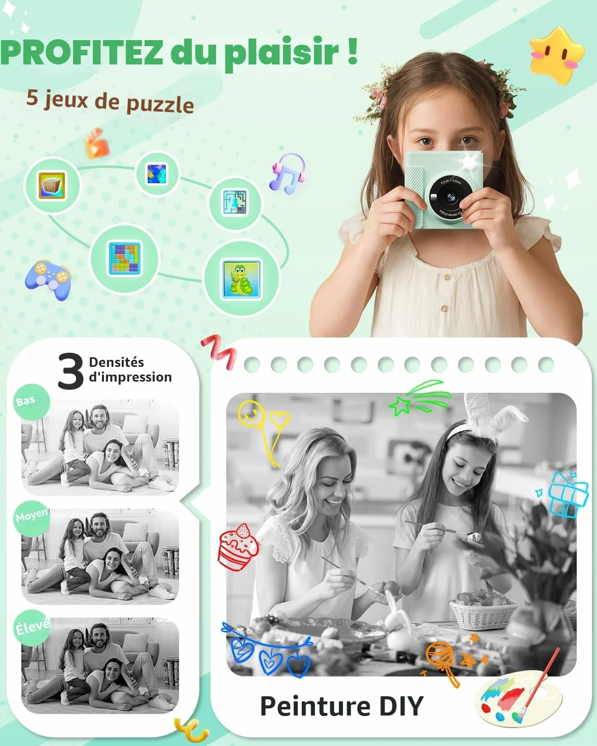 TIATUA Appareil Photo Instantané Enfants 1080P Numérique avec Carte 32GB et Papier d'Impression, Cadeau 3-12 Ans