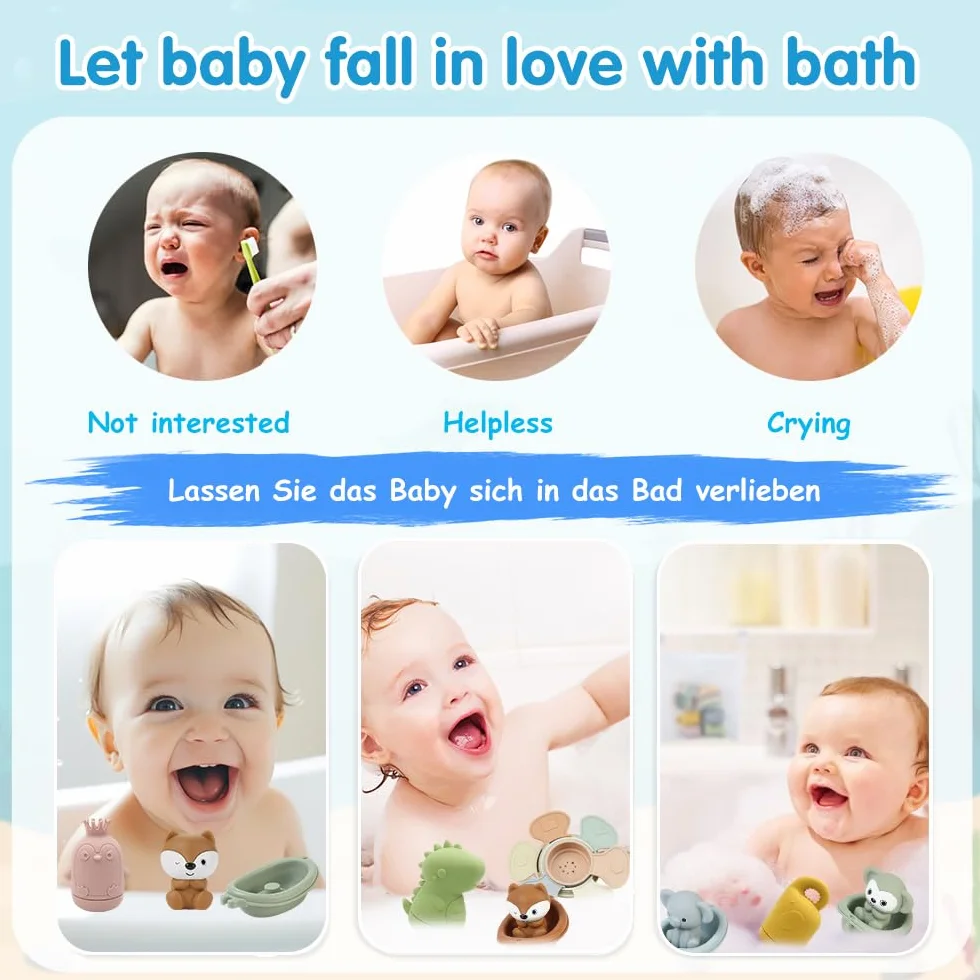 Jouets de Bain pour Bébé avec Jouets à Presser Sensoriels, Marionnettes à Doigts, Bateaux Empilables et Cuillère