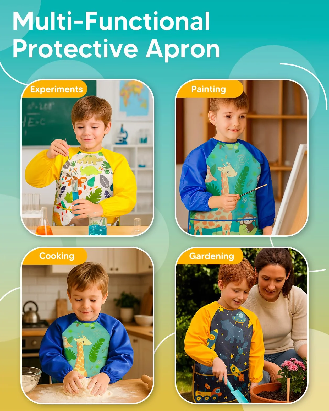 Tablier Peinture Enfants Imperméable Manches Longues 3 Poches Lavable pour Peinture Bricolage Cuisine