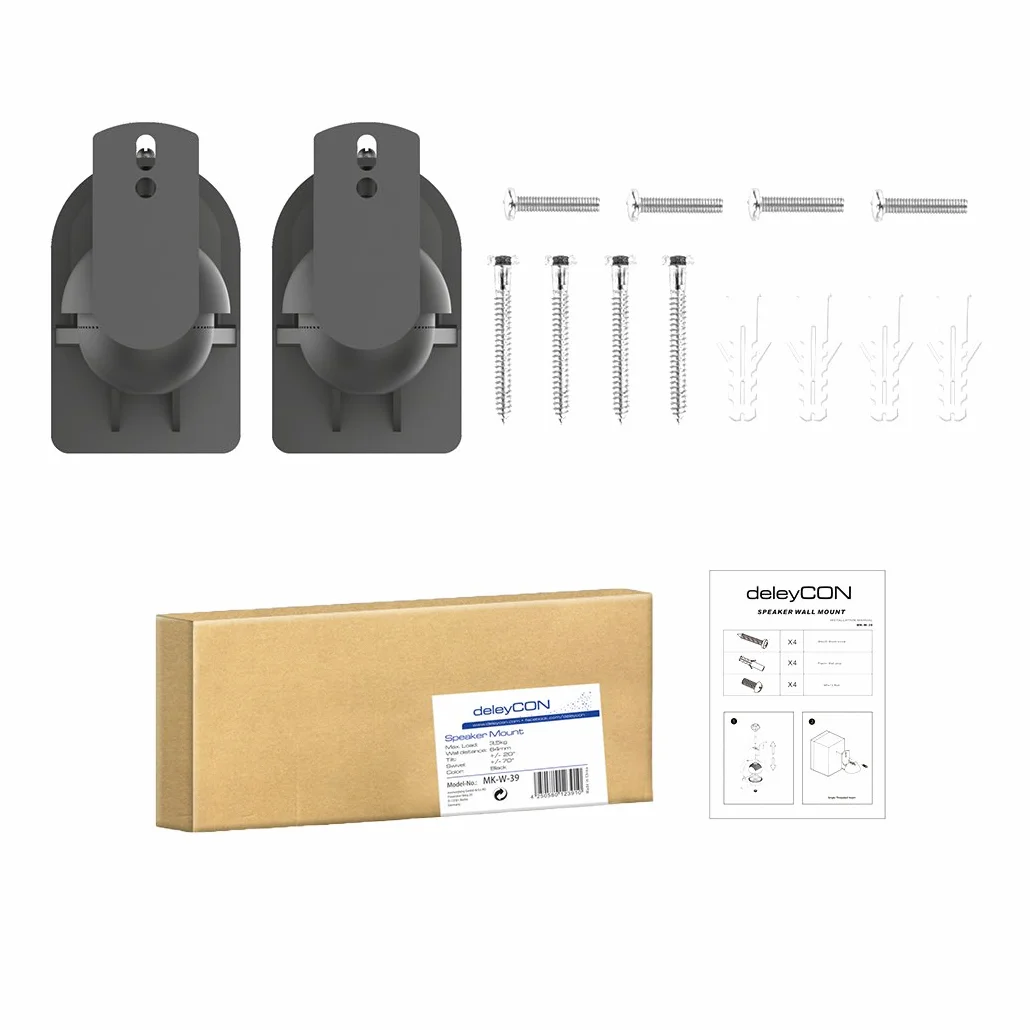 deleyCON Support Mural Universel pour Enceintes Fixation Rotation Inclinaison Charge Max. 3,5kg Noir