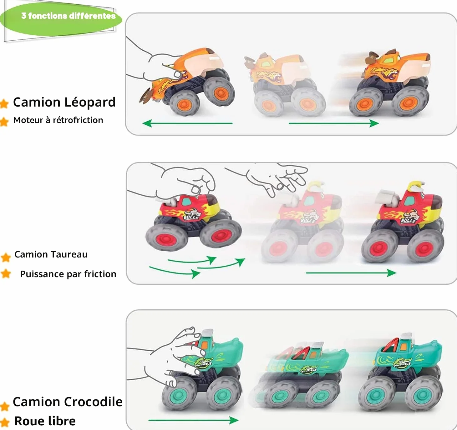 HOLA Lot de 3 Voiture Jouet Bebe 1 an Garcon, Friction Pull Back Monster Truck Animaux