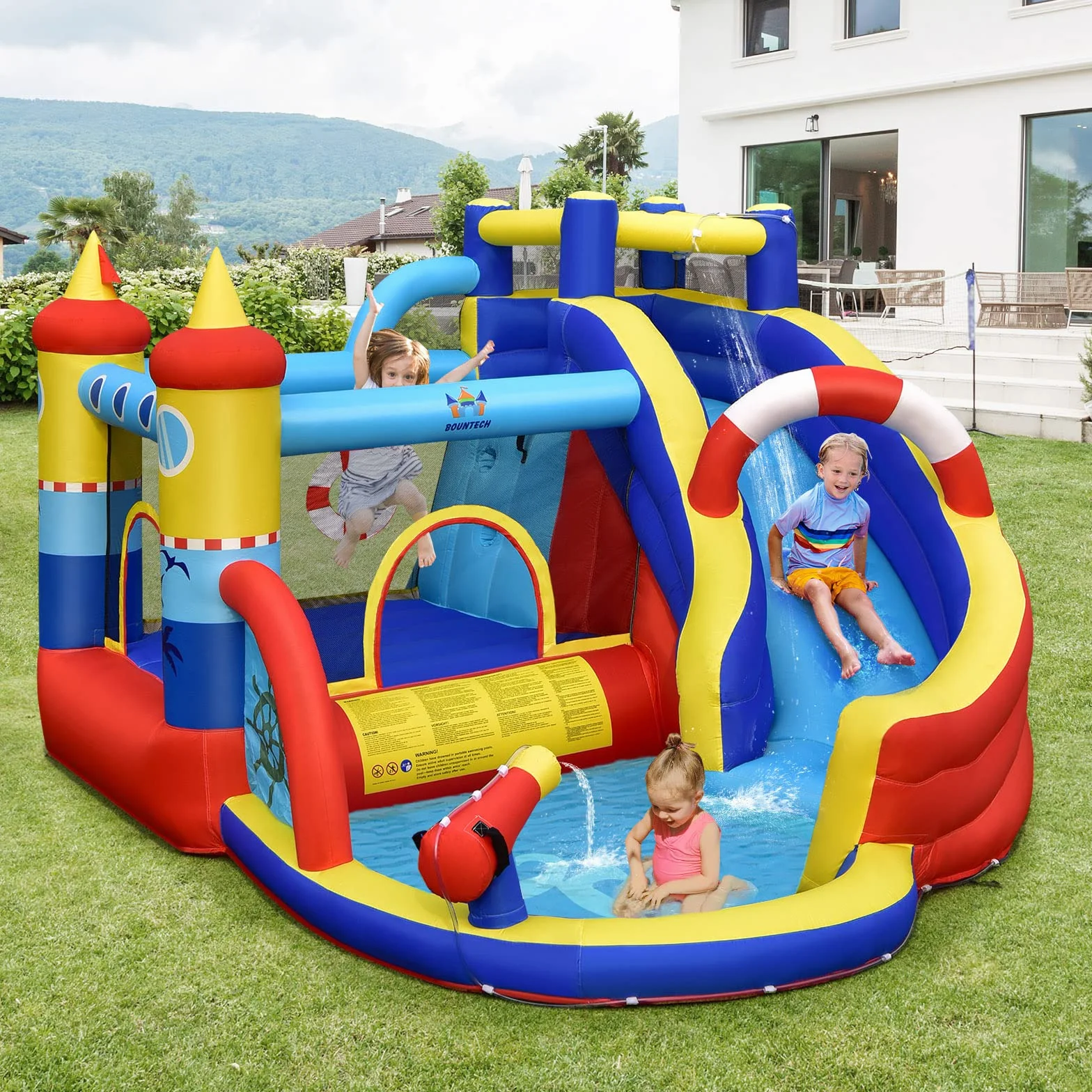 COSTWAY 5 en 1 Château Gonflable Pirate avec Toboggan, Mur d'escalade & Souffleur 550W, 360x290x200cm