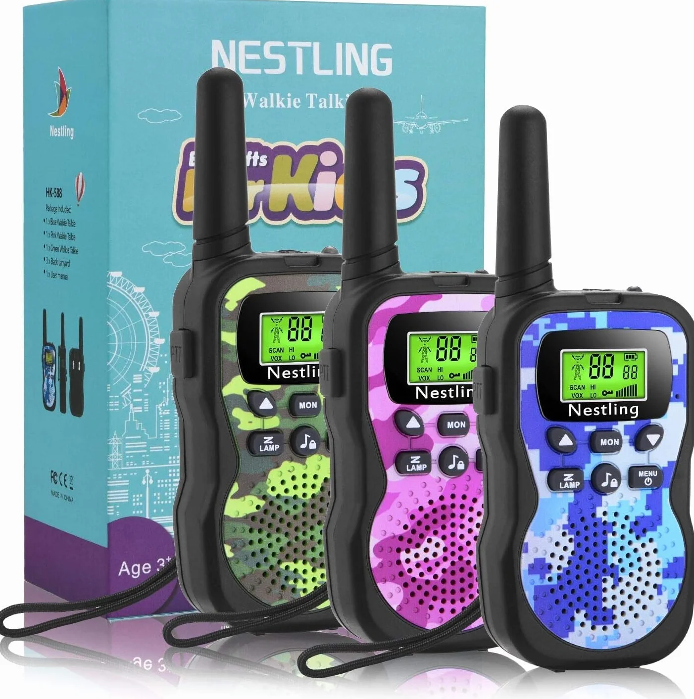 Nestling Talkie Walkie Enfants, Radio à 2 Voies avec 8 Canaux, Lampe de Poche LCD Rétro-éclairée, Jouets pour 3-12 Ans Camping