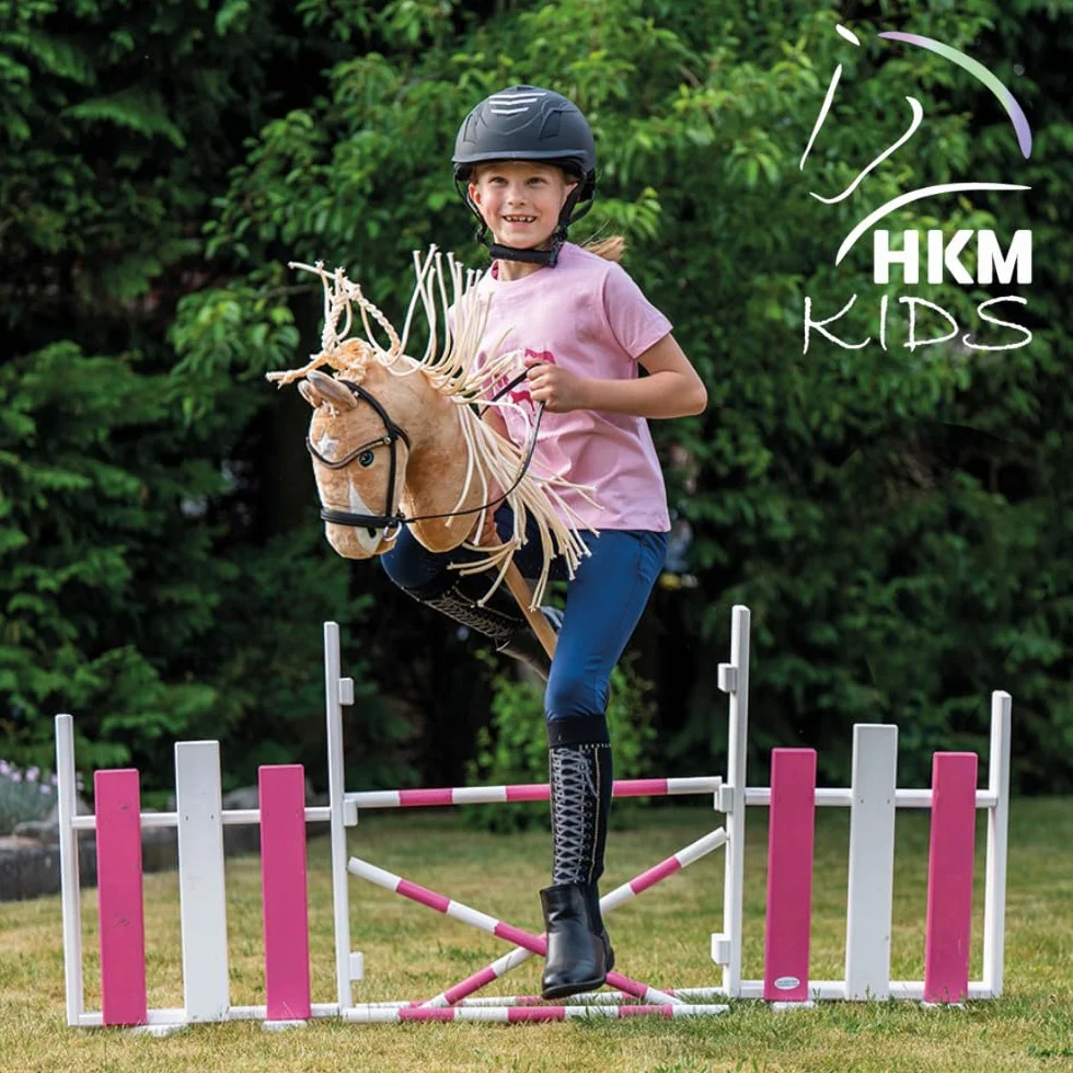 HKM Kids Cheval à bâton Palomino Beige avec licol et longe bleu foncé