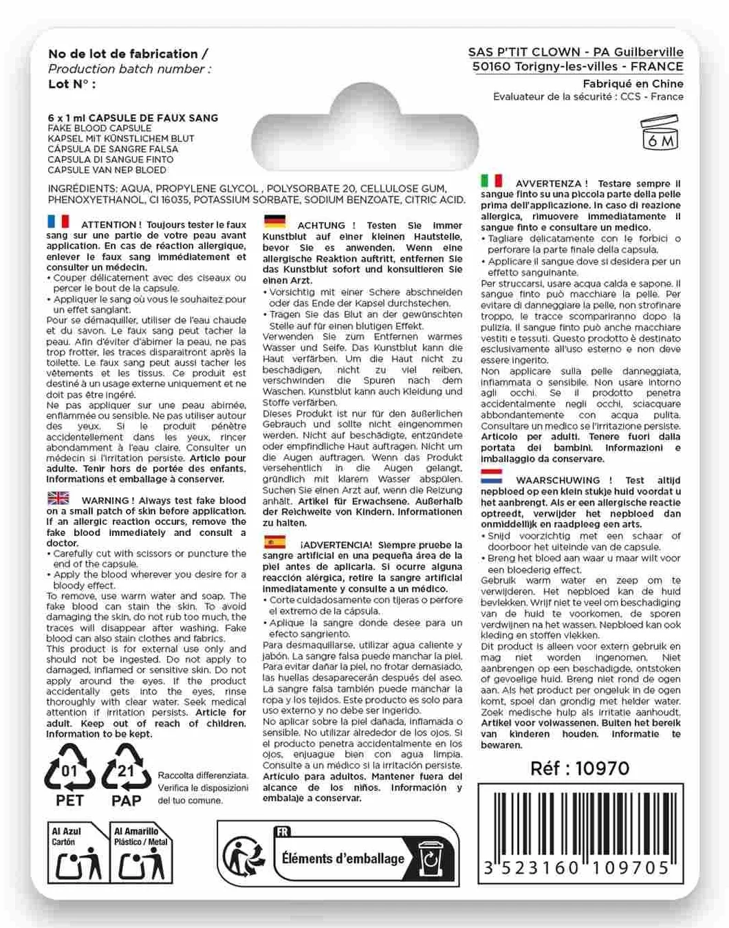Capsules de Faux Sang Blister de 6 - 1 g - Maquillage Déguisement - Sang de Théâtre - Effet Spécial - Halloween