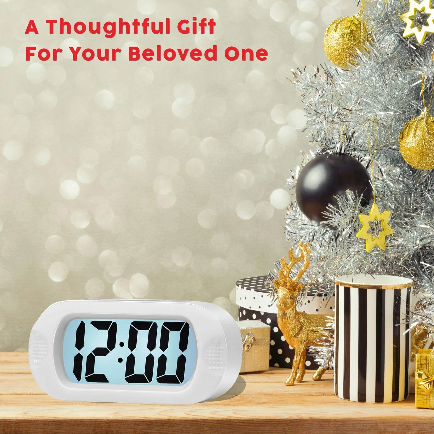 Plumeet Réveil électronique avec Grand écran LCD, Fonction Snooze, Veilleuse, Alimenté par Batterie, Blanc
