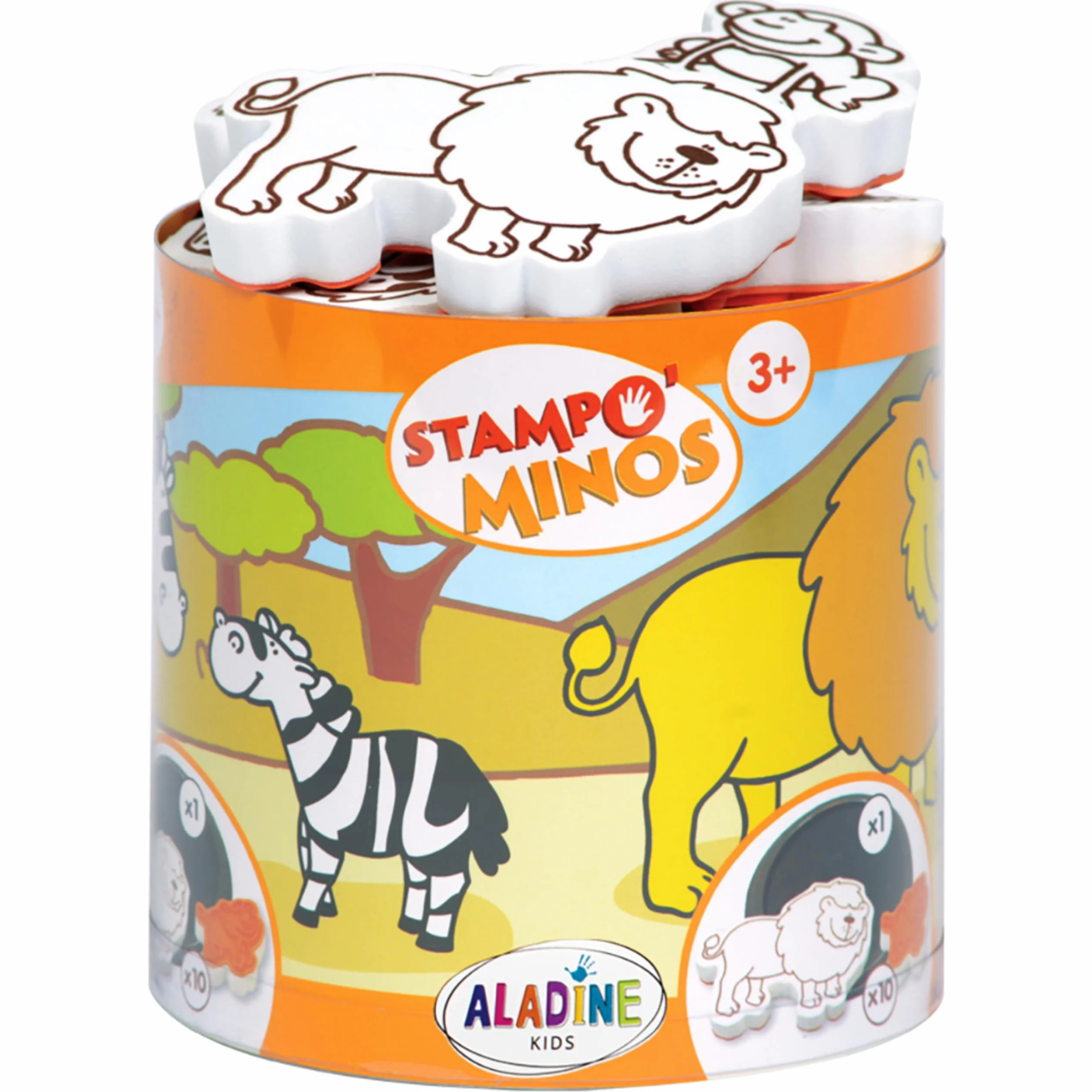 Aladine Stampominos 10 Tampons Animaux de la Savane Encre Lavable Enfant dès 3 ans Lion Girafe Éléphant