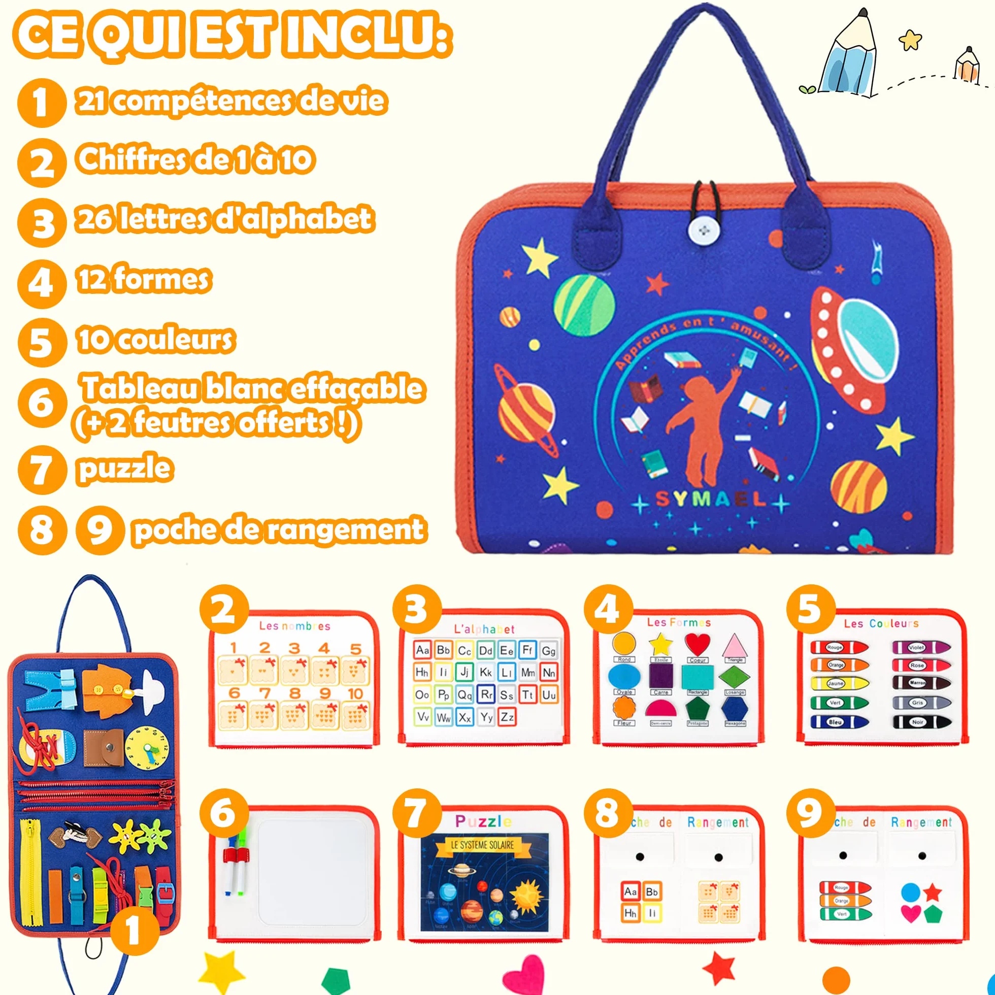 Busy Board en Francais Jeu educatif Montessori transportable Voyage - Jeu Enfant 1-5 Ans - Planche sensoriel motricite Bebe