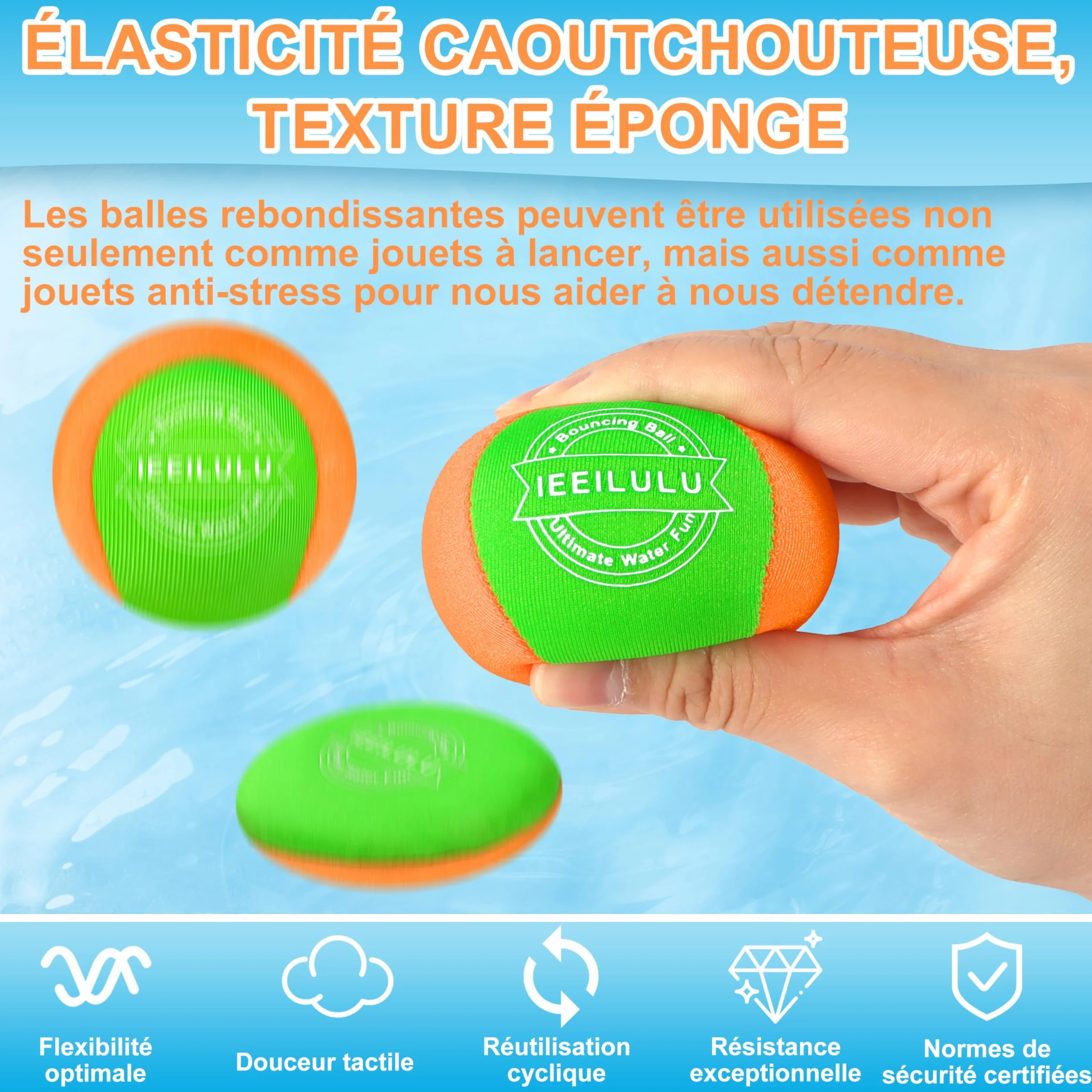 IEEILULU Boule d'eau Rebondissante 3PCS Water Bouncing Ball Jeux d'eau Exterieur Lycra doux Séchage Rapide Jouet Piscine Plage Bleu