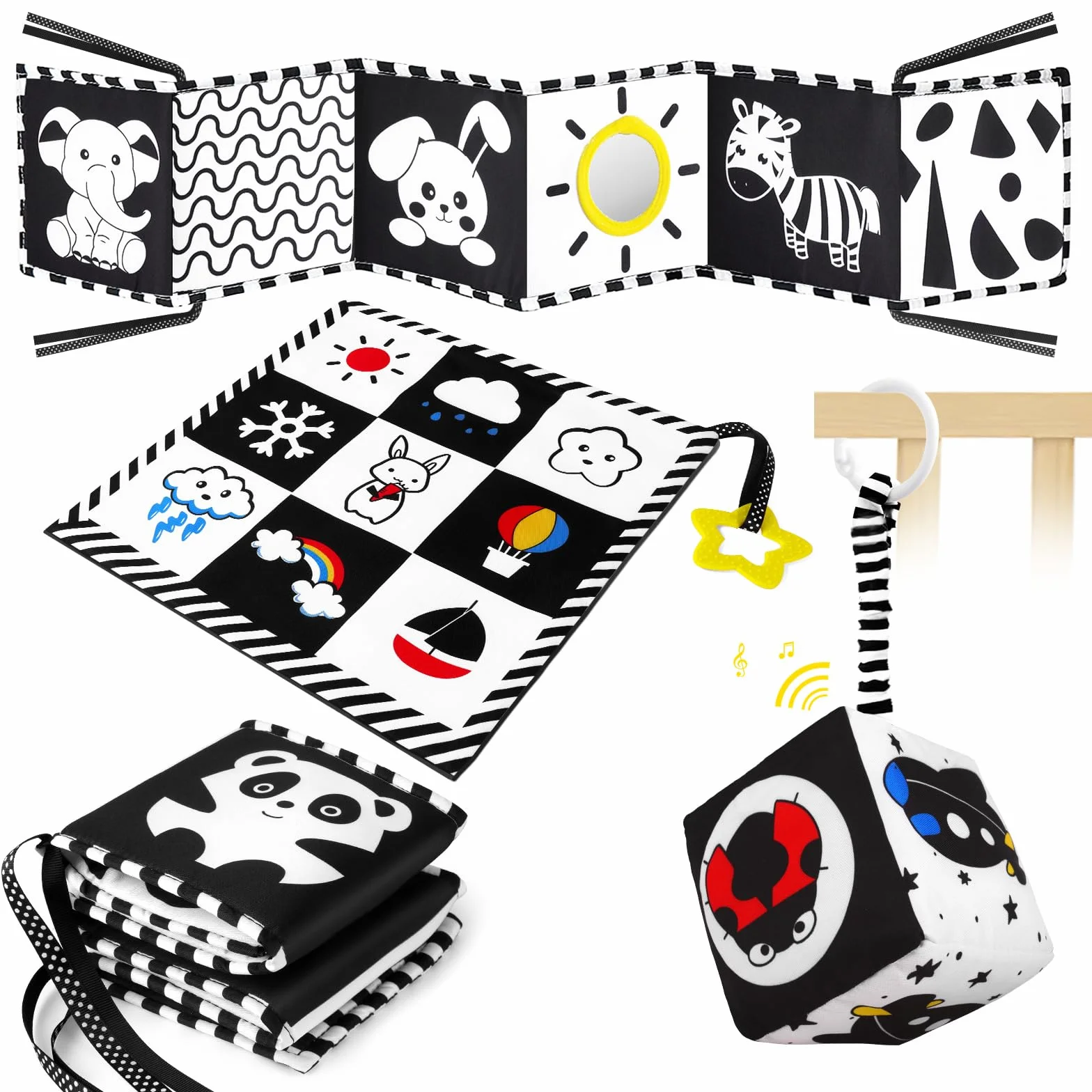 Jouets sensoriels noirs et blancs à contraste élevé pour bébé 0-12 mois, ensemble Montessori avec anneau de dentition et hochet