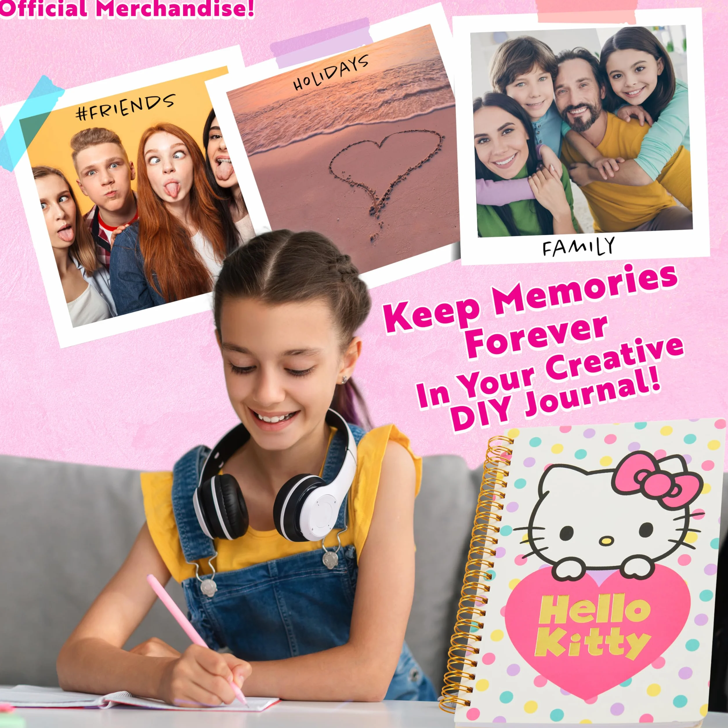 Hello Kitty Journaling Kit DIY pour Fille et Ados, Carnet A5, Autocollants, Porte Clés, Notes Autocollantes (Rose)