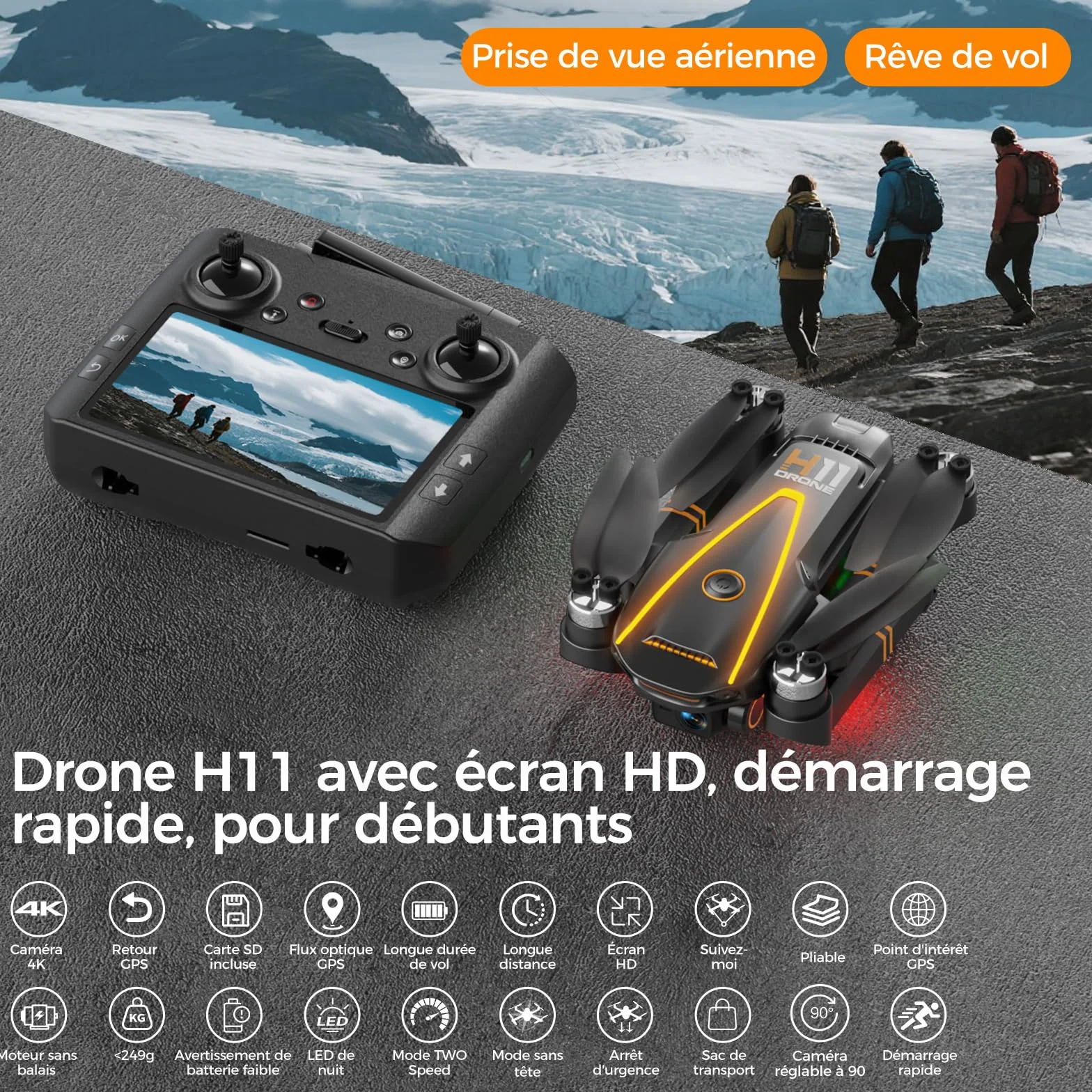 Drone GPS 4K Professionnel pour Adultes avec Caméra, Radiocommande Écran, FPV Pliable, Moteur sans Balais, QuickShots, Longue durée de vol, Moins de 249g C0