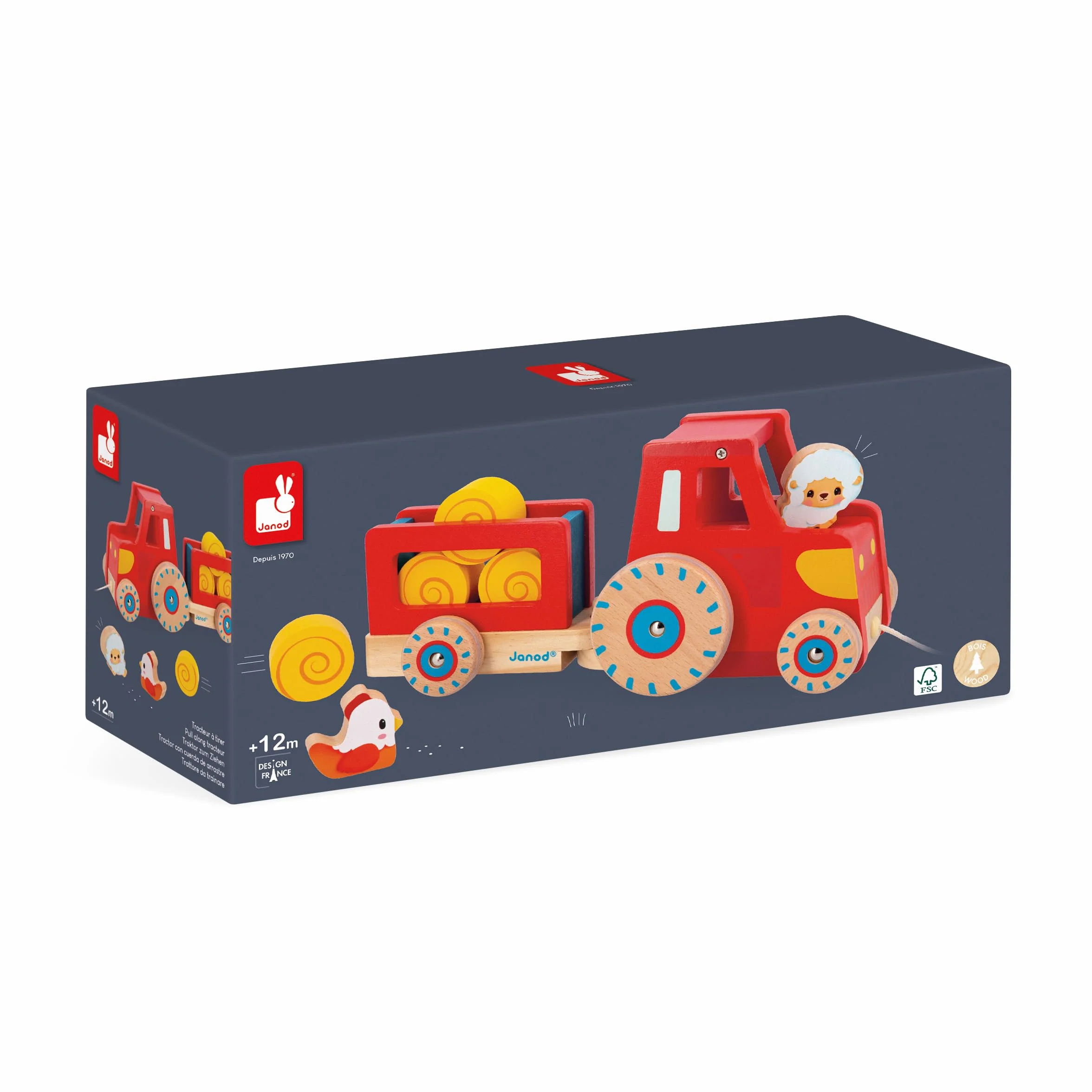 Janod Tracteur à Tirer Jouet d'Éveil 1 Tracteur Enfant 6 Accessoires Roues Silencieuses Bois FSC Dès 12 Mois