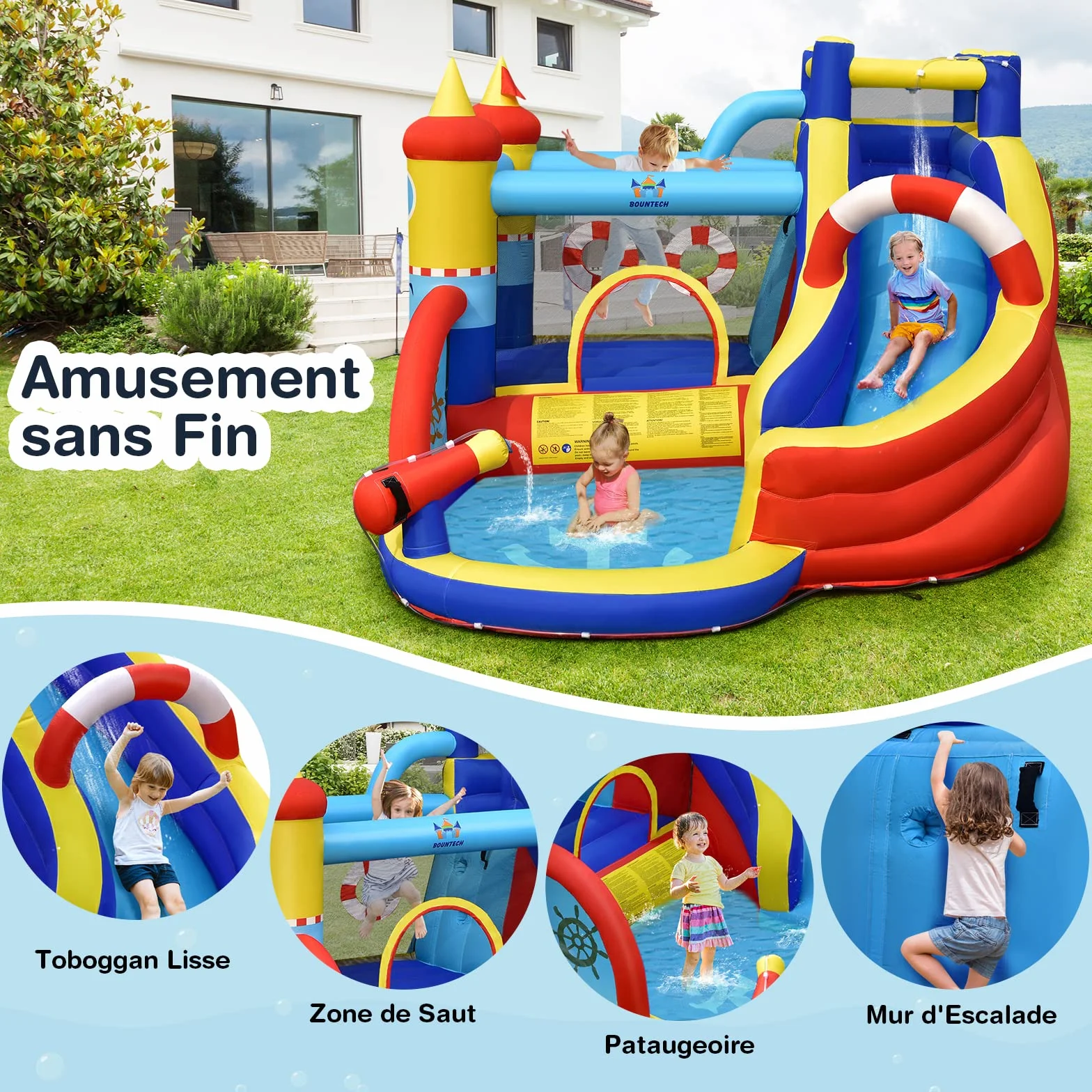 COSTWAY 5 en 1 Château Gonflable Pirate avec Toboggan, Mur d'escalade & Souffleur 550W, 360x290x200cm