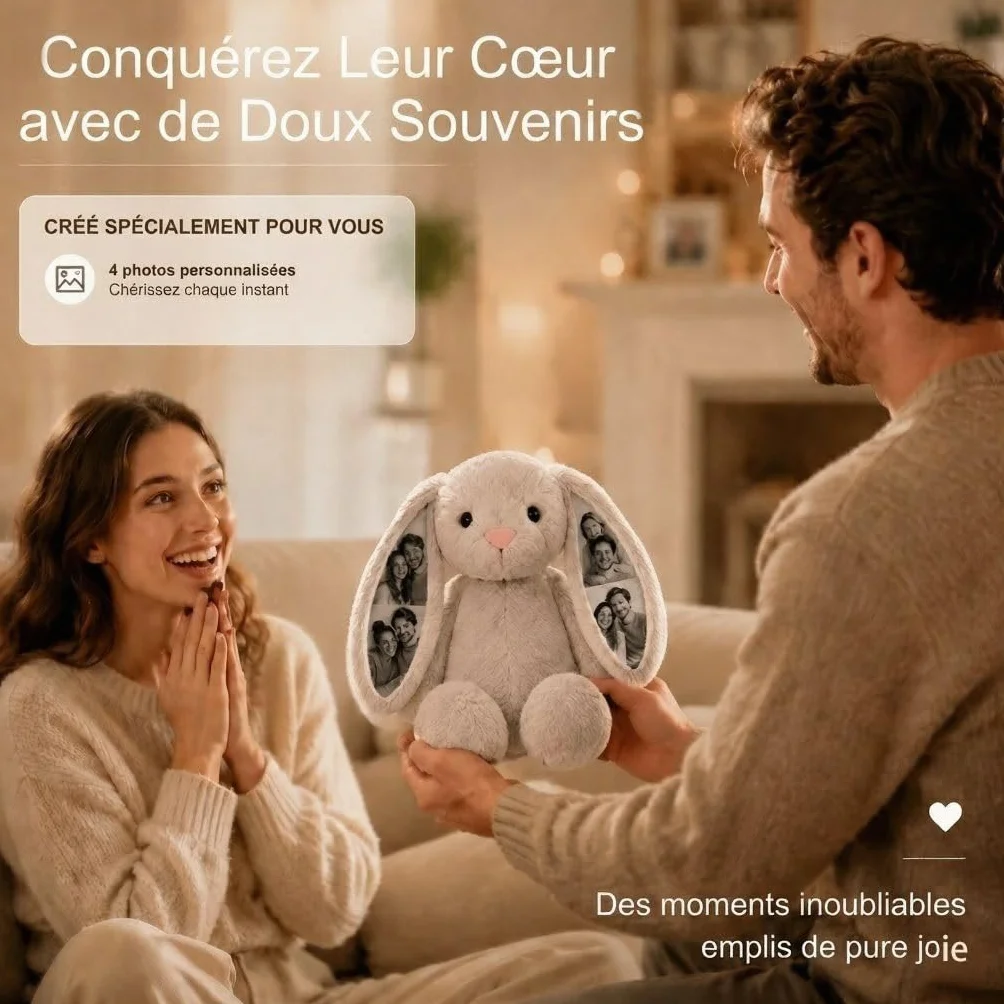 Peluche Lapin Personnalisé avec Photo Coussin Animal pour Femme Couple Cadeau Anniversaire