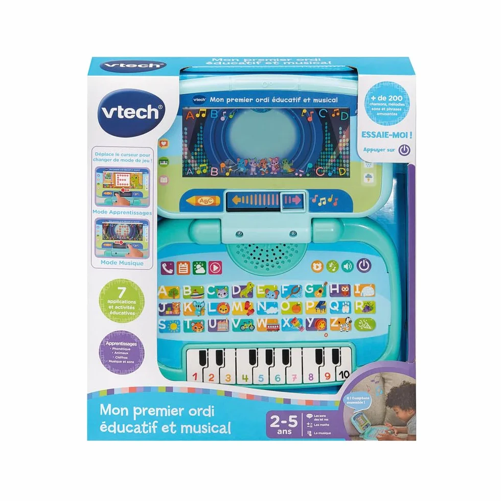 VTech Mon Premier Ordi Éducatif et Musical Ordinateur Portable Enfant avec Écran Animé Clavier ABC Poignée de Transport 7 Jeux Éducatifs Cadeau Enfant 2 à 5 Ans