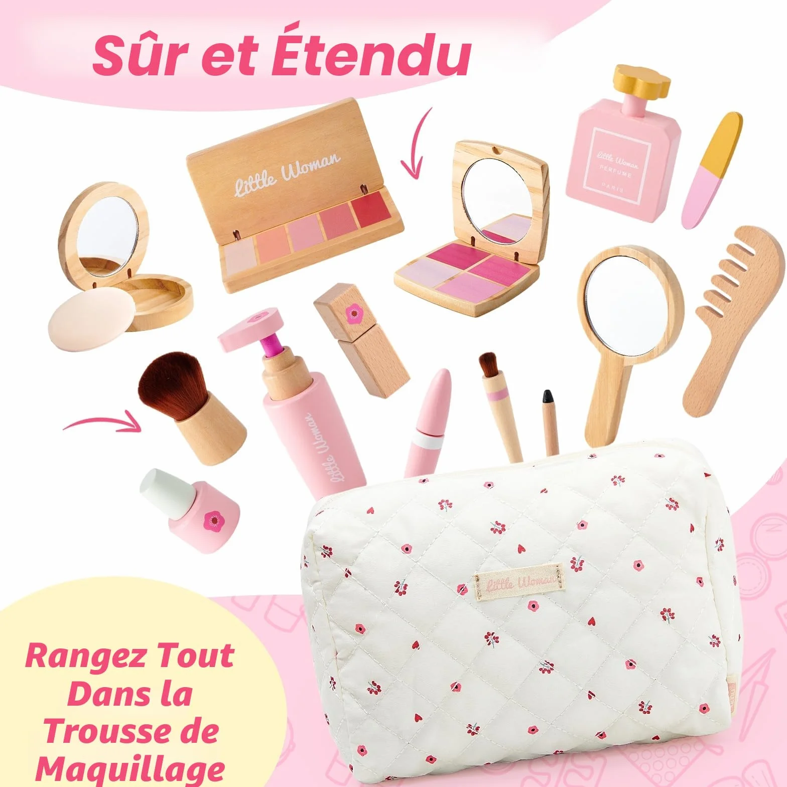 Coffret Maquillage Enfant Fille en Bois Jouet Maquillage Malette Accessoires Jeux Princesse Cadeau 3-8 Ans