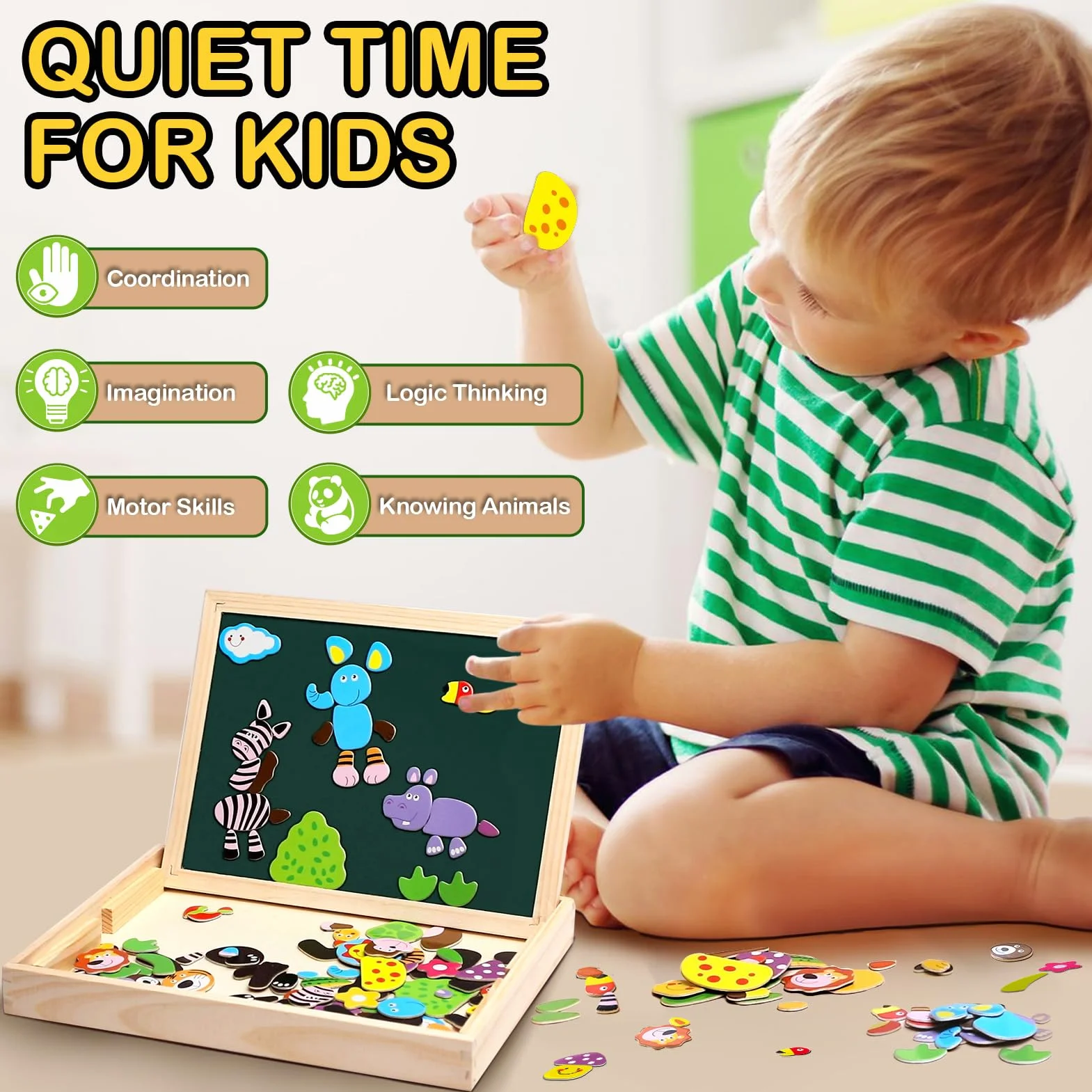 Magnetyczne Puzzle Drewniane 100 Elementów, Tablica Dwustronna Magnetyczna, Zabawka Edukacyjna dla Dzieci od 3 Lat