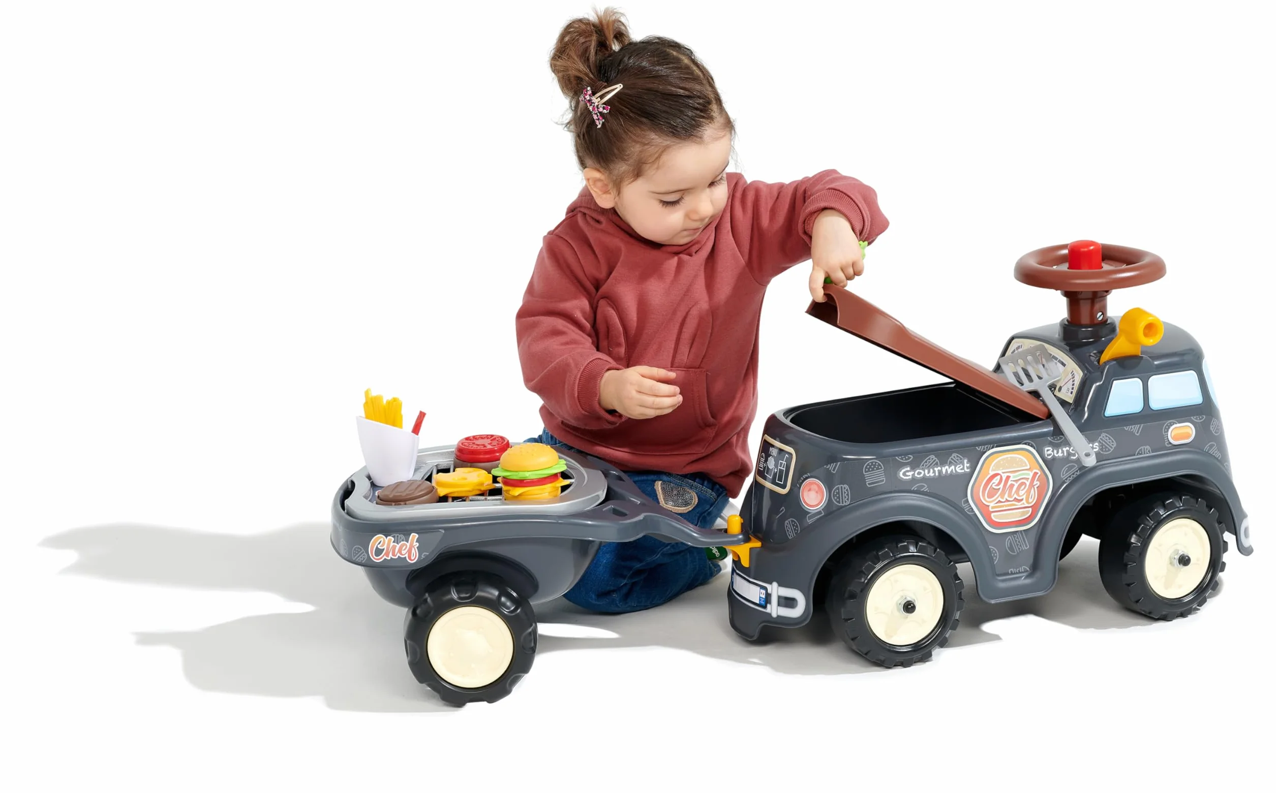 Falk Porteur Food Truck Gourmet Burger Gris 707C Volant directionnel avec klaxon Levier à Effet sonore Coffre de Rangement Remorque BBQ Accessoires
