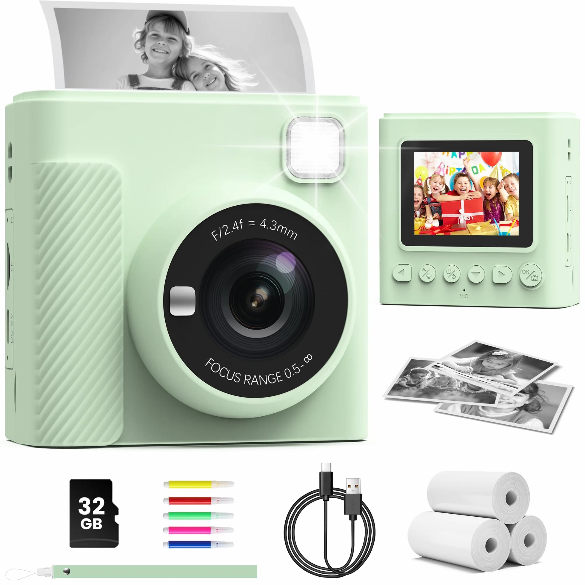TIATUA Appareil Photo Instantané Enfants 1080P Numérique avec Carte 32GB et Papier d'Impression, Cadeau 3-12 Ans