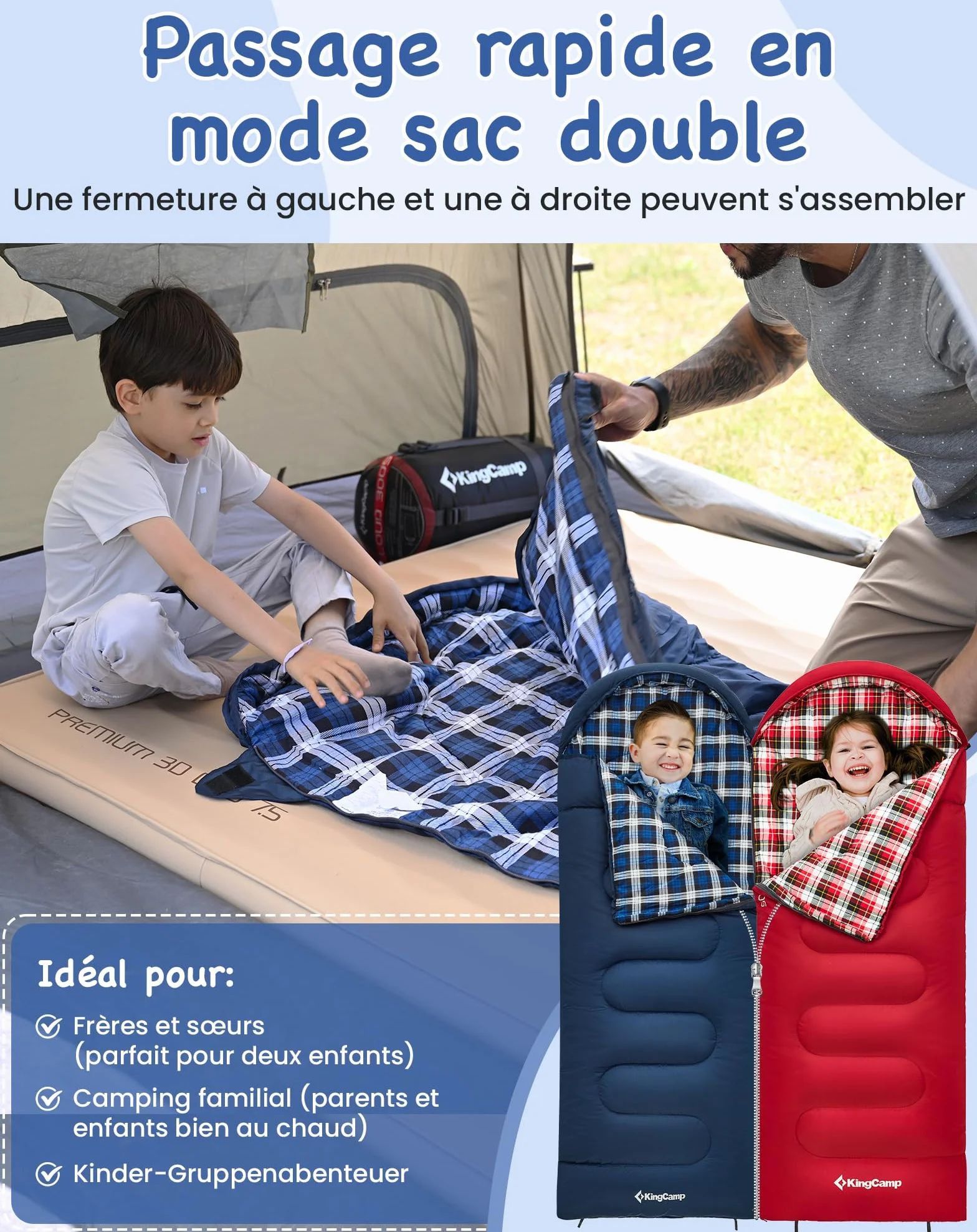 Kingcamp Sac de Couchage Enfant Flanelle Coton 170x70cm 7°C à -13°C 3-4 Saisons