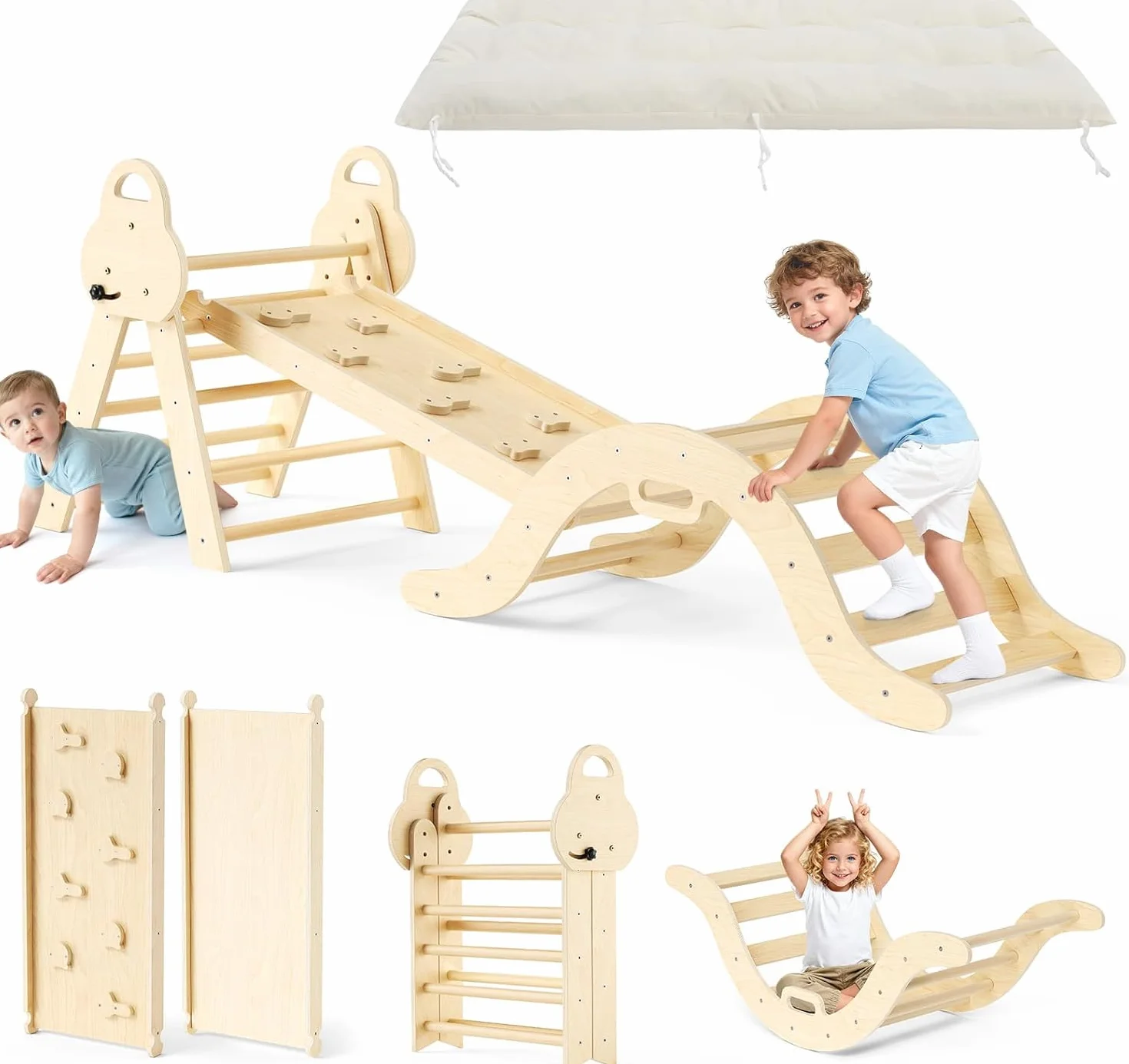 Montessori Triangle Arche 7 en 1, Arche d'escalade et Toboggan en Bois pour Tout-Petits 1-3 Ans
