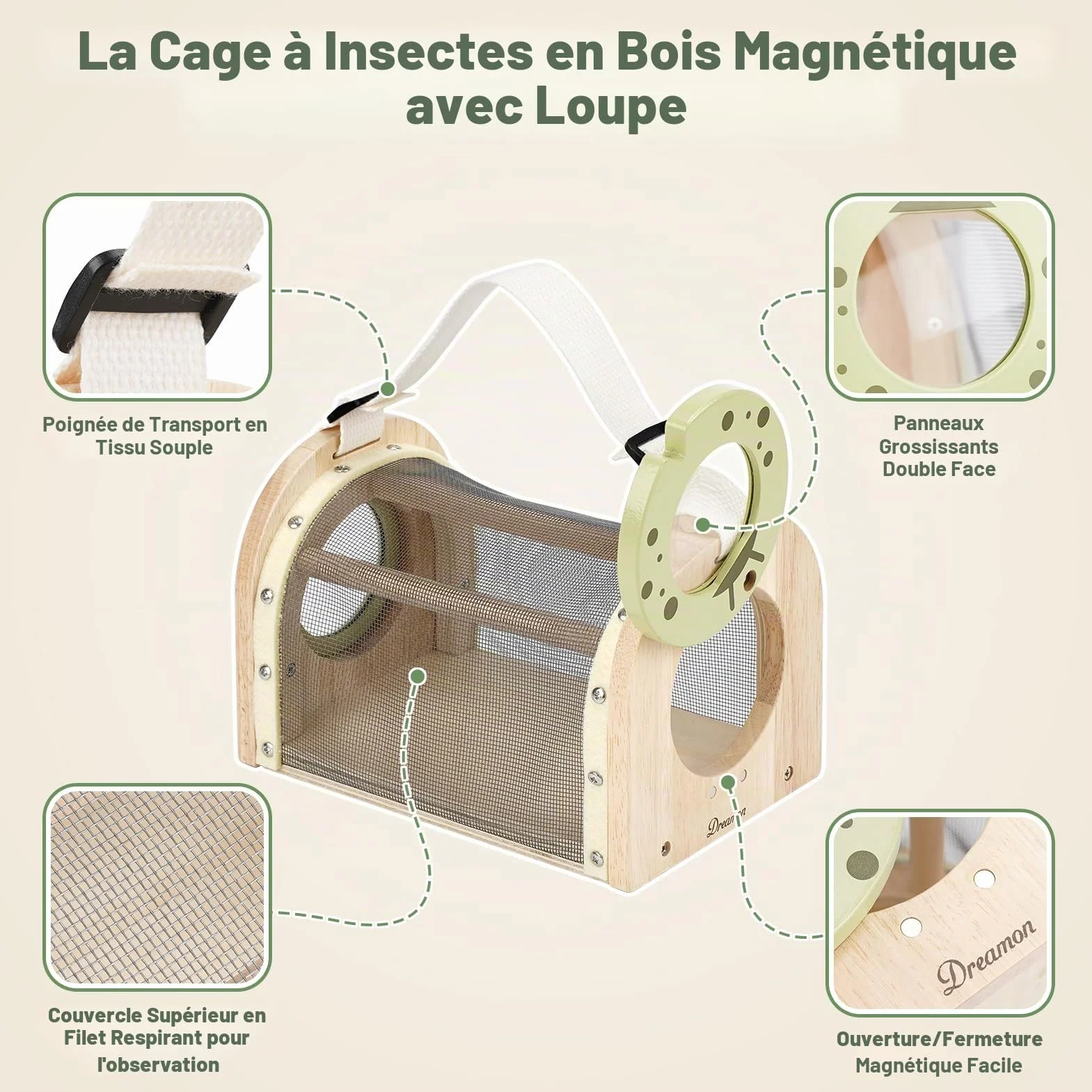 Dreamon Kit de Chasse aux Insectes pour Enfants – Coffret Exploration Nature avec Cage en Bois