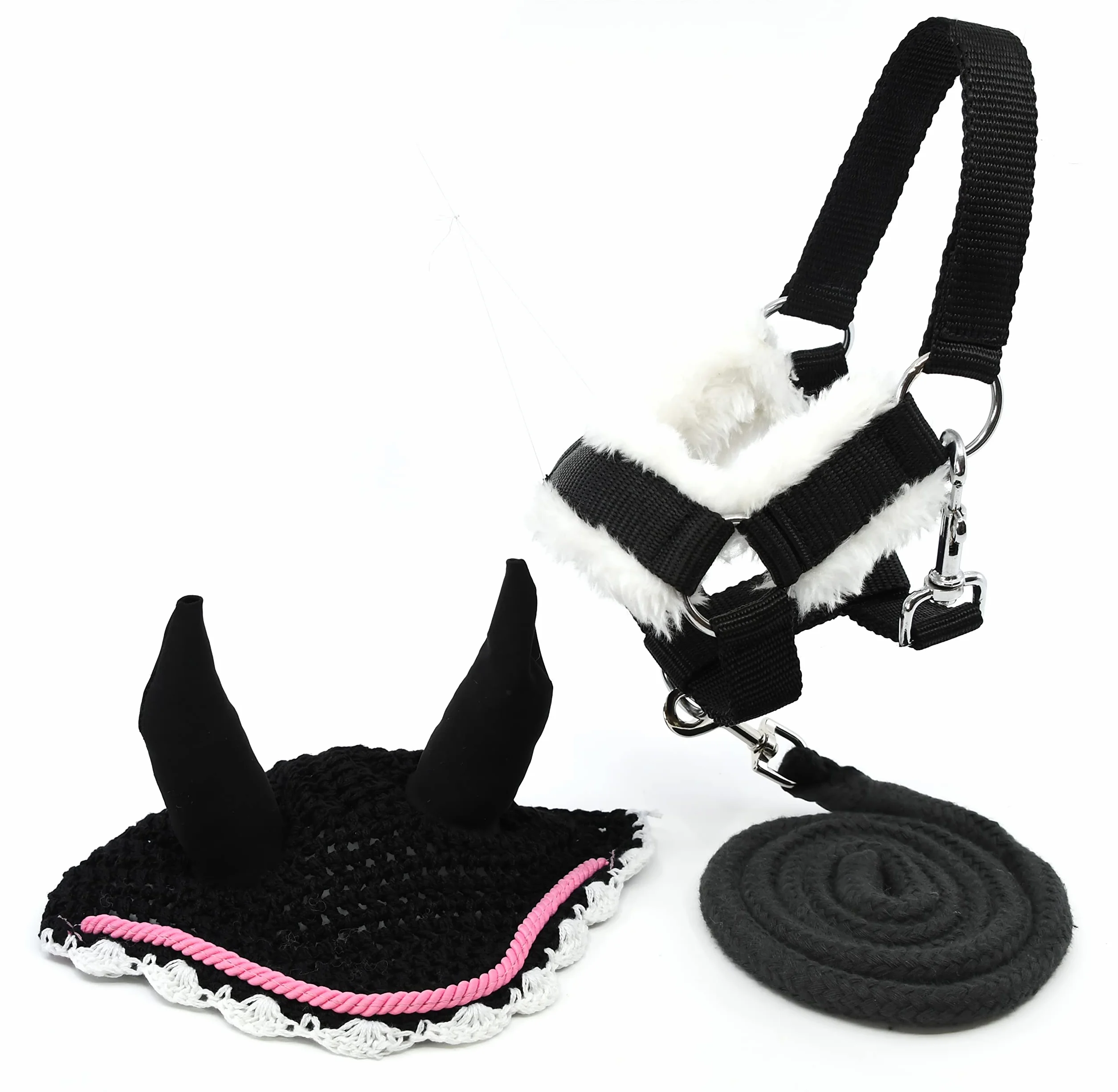 Ensemble d'accessoires Noir et Rose pour Hobby Horse et Cheval bâton : Licol moumoute avec Longe, Couverture, Bonnet Anti-Mouches
