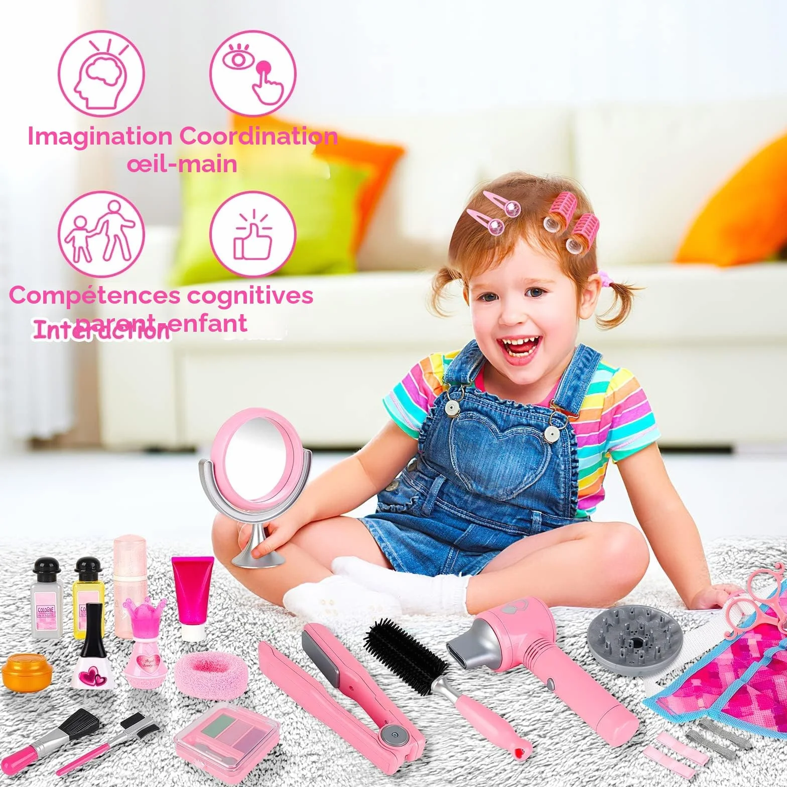 deAO Ensemble de Salon de Beauté pour Filles 35 Pièces, Jeu de Simulation Coiffeur avec Sèche-Cheveux, Miroir et Fer à Friser