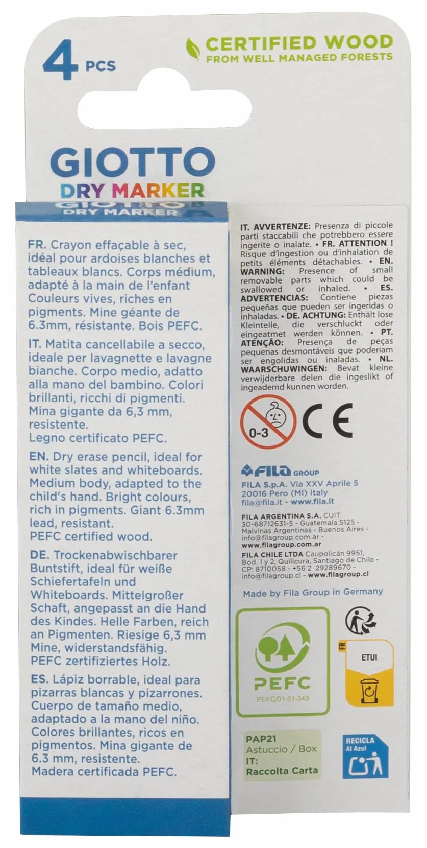 GIOTTO Dry Marker Boîte de 4 crayons effaçables à sec pour ardoises et tableaux blancs
