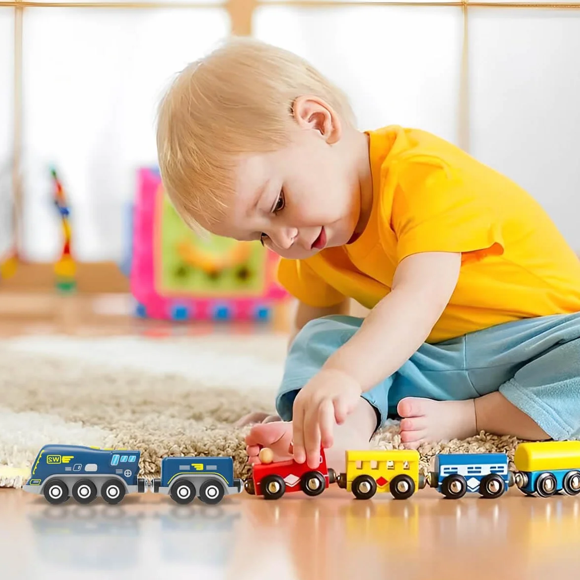 Train à Piles en Bois avec Son et Lumière, Jouet Enfant 3-8 Ans Compatible Thomas Brio