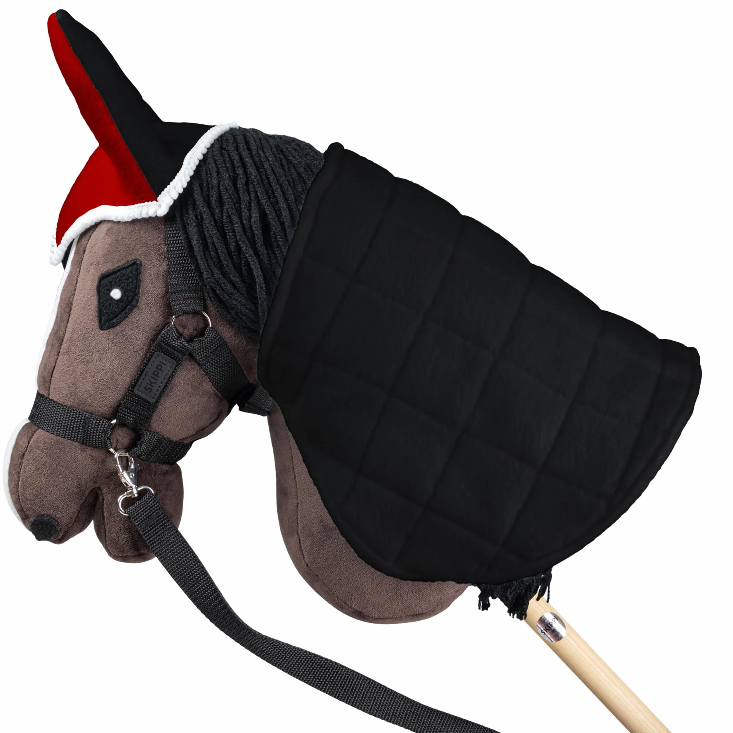 SKIPPI Couverture Réversible et Bonnet Anti Mouches pour Hobby Horse - Rouge et Noir, Accessoire Tête de Cheval