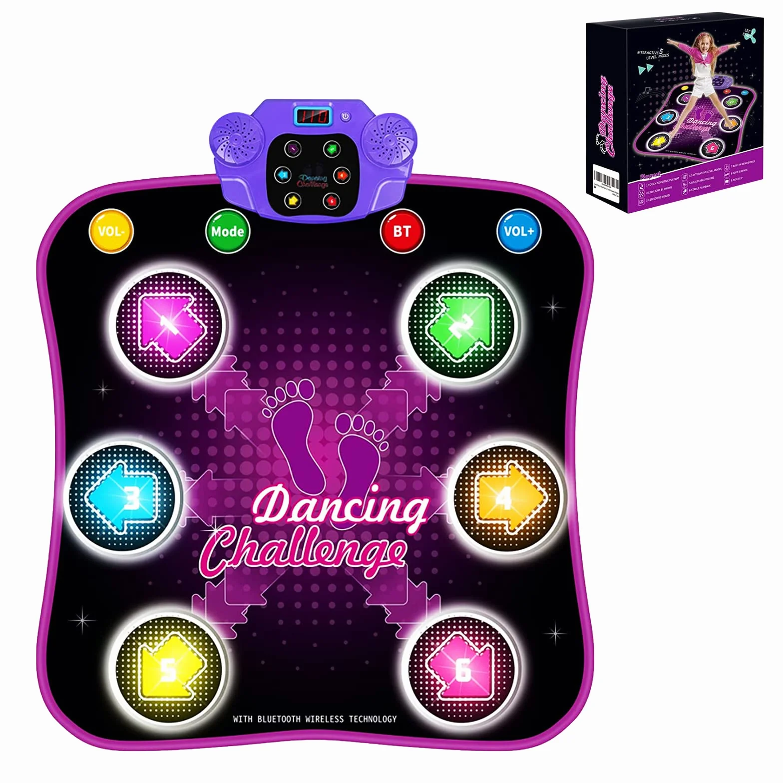 Tapis de Danse Enfants Filles Bluetooth LED Lumière Musique avec 6 Flèches Volume Réglable Cadeau