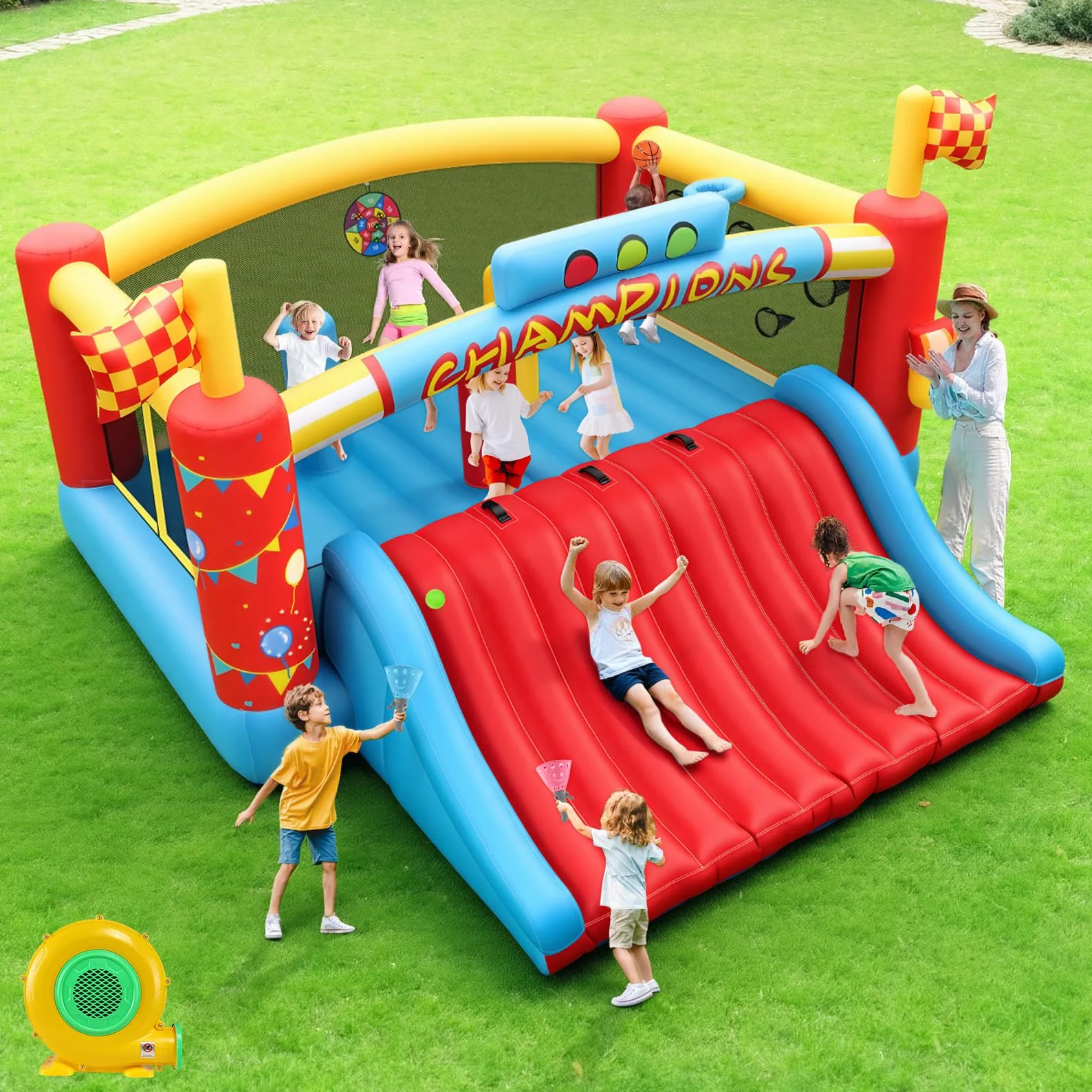 AKEYDIY Grande Château Gonflable pour Enfants avec Toboggan et Souffleur