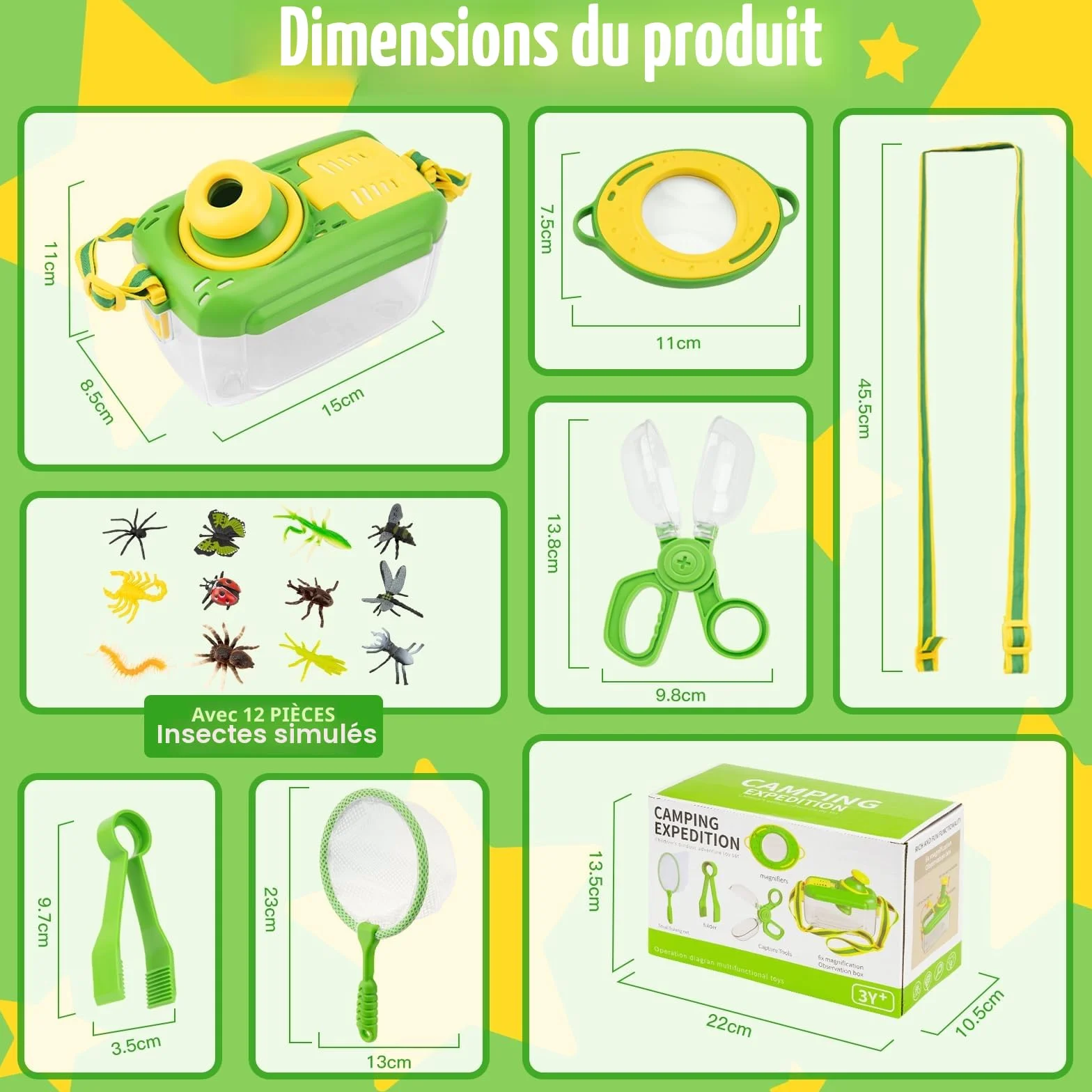 Kit Exploration Enfant Jouets - 5 Pièces Attrape Insecte avec 12 Faux Insectes, Jouet Exterieur Éducatif Cadeau Noël Garçon Fille 3-6 Ans