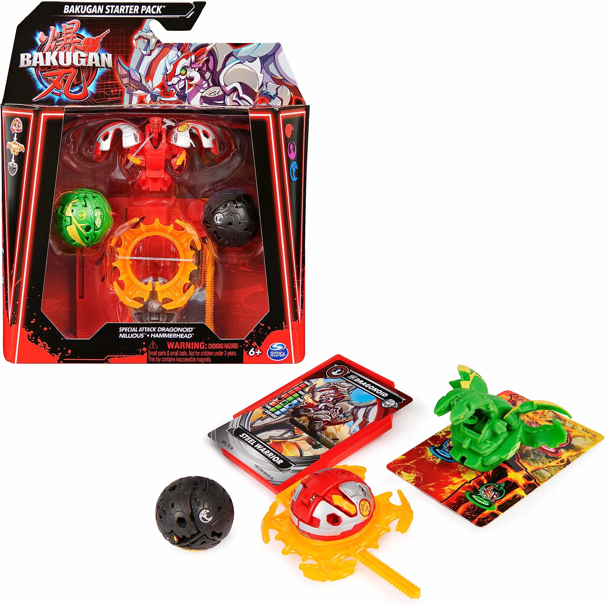 BAKUGAN 3.0 Starter Pack Nouvelle Génération Nillious Hammerhead Dragonoid Special Attack Anneau Combat Carte Lanceur 9 Cartes Jouet Enfant 6 Ans+