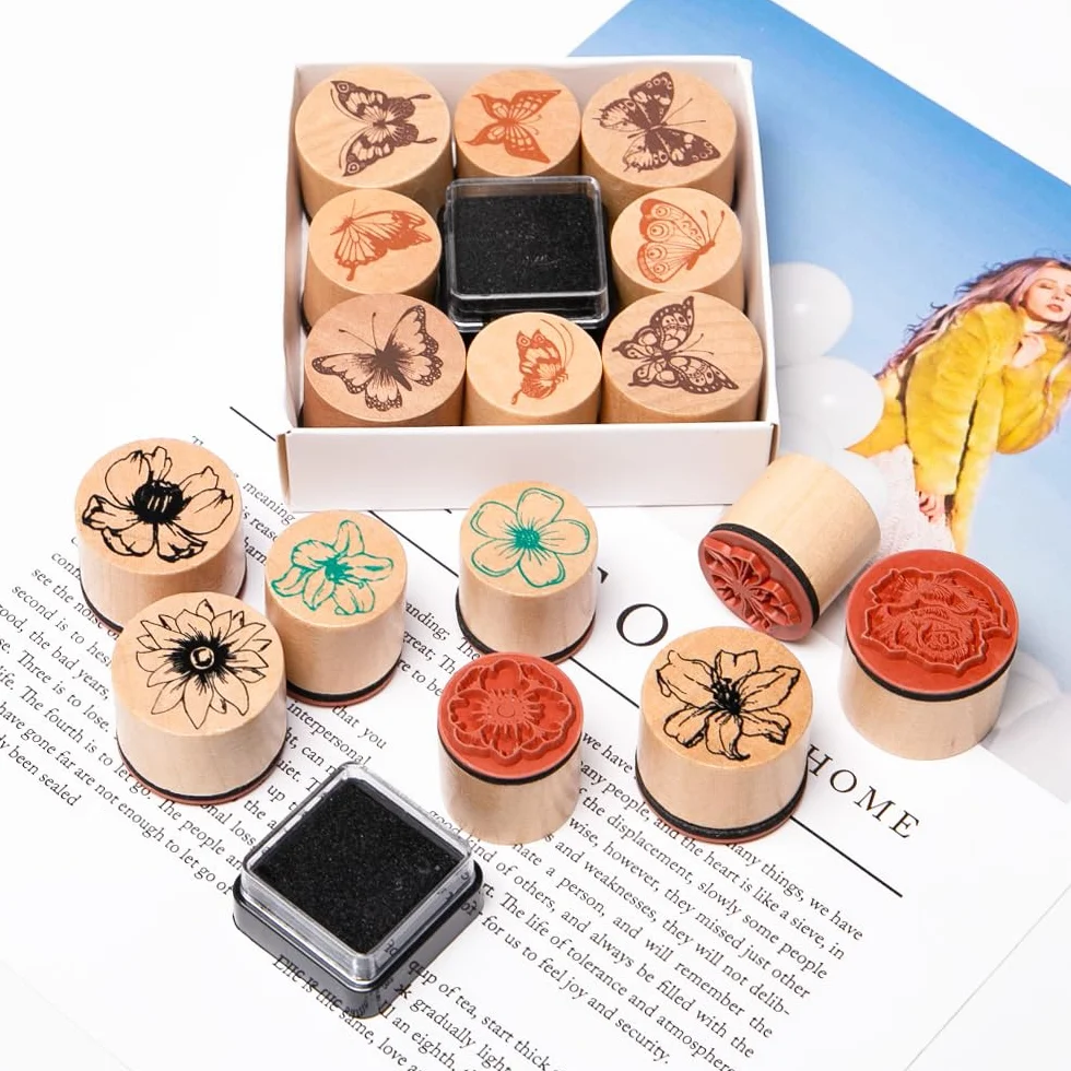Papillons Tampons en Bois Set 16 Pièces pour Enfants Artisanat Scrapbooking Cartes