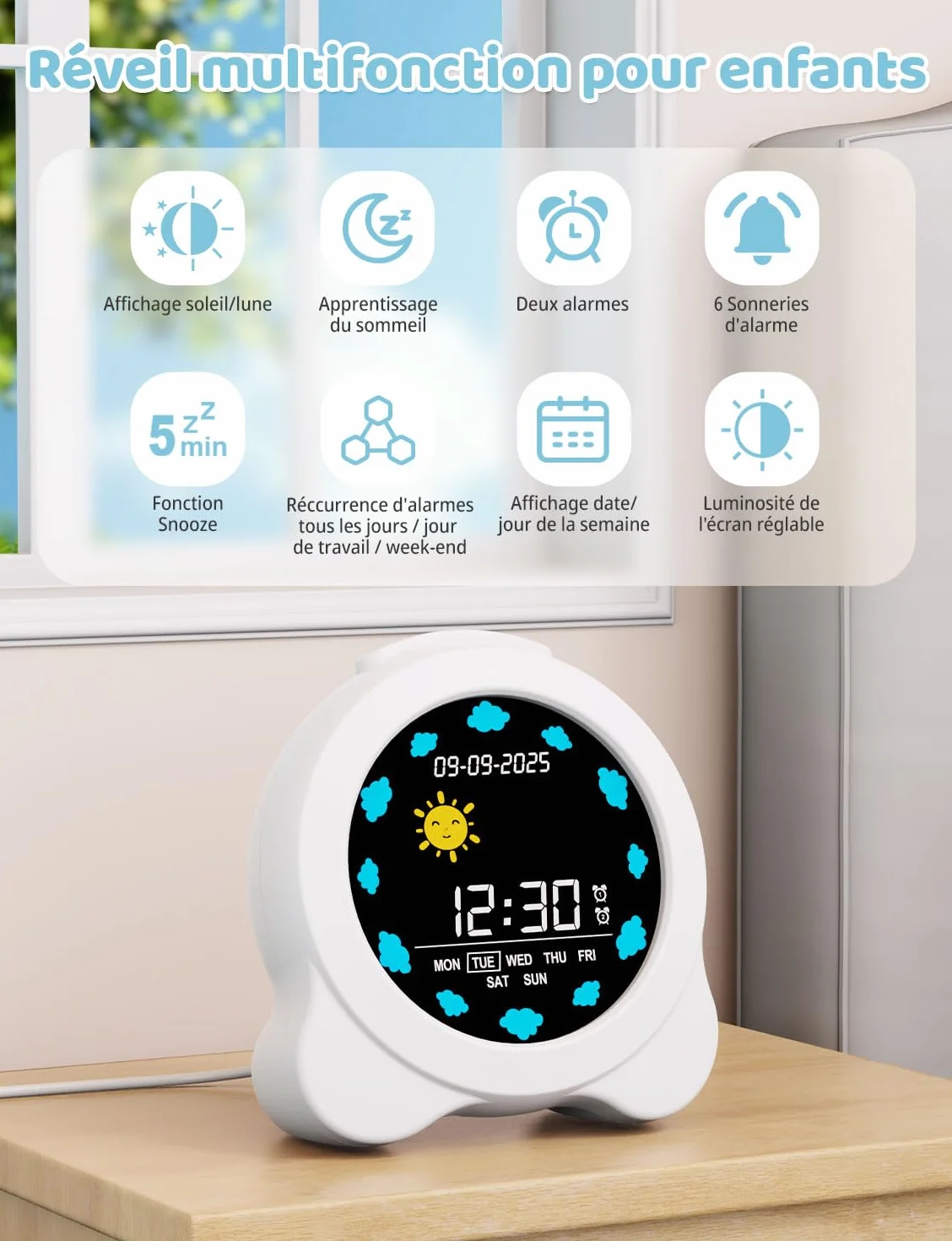 YISSVIC Réveil Enfant Jour Nuit Éducatif 2 Alarmes 12/24 Heure Snooze Luminosité Réglable