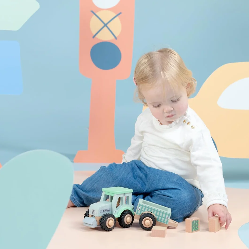 Jouet Tracteur en Bois avec Remorque Détachable pour Tout-Petits – Véhicule de Ferme avec Légumes Jouets – Cadeau Enfants